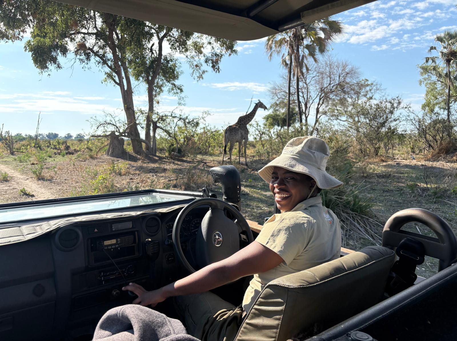 <p>Bae – the first female African Bush Camp guide in Botswana – showed us a giraffe giving birth in the bush</p>