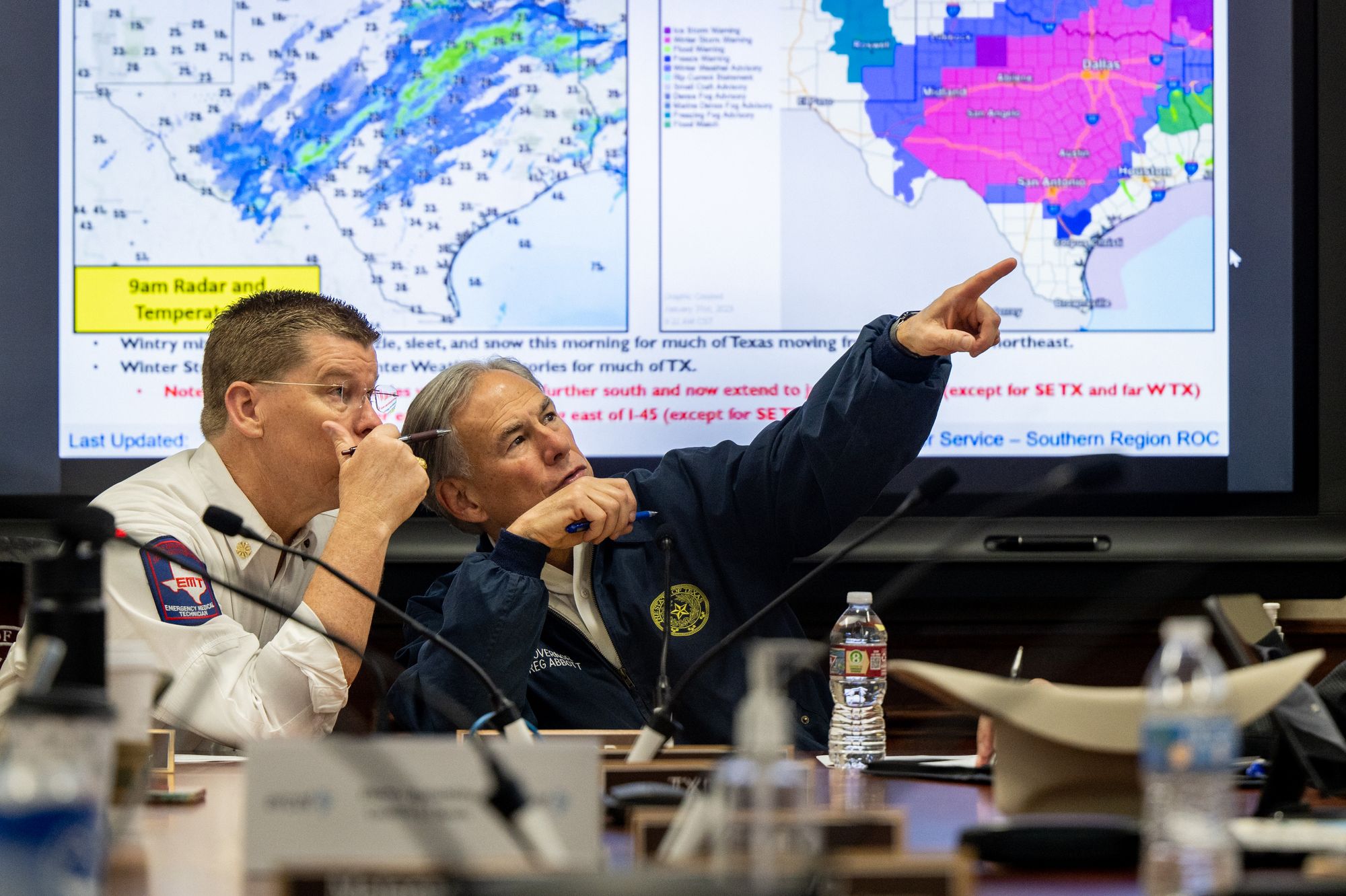Texas Division of Emergency Management Nim Kidd (left) and Texas Gov. Greg Abbott during a 2023 briefing. Kidd was interviewed to lead FEMA in February by White House officials