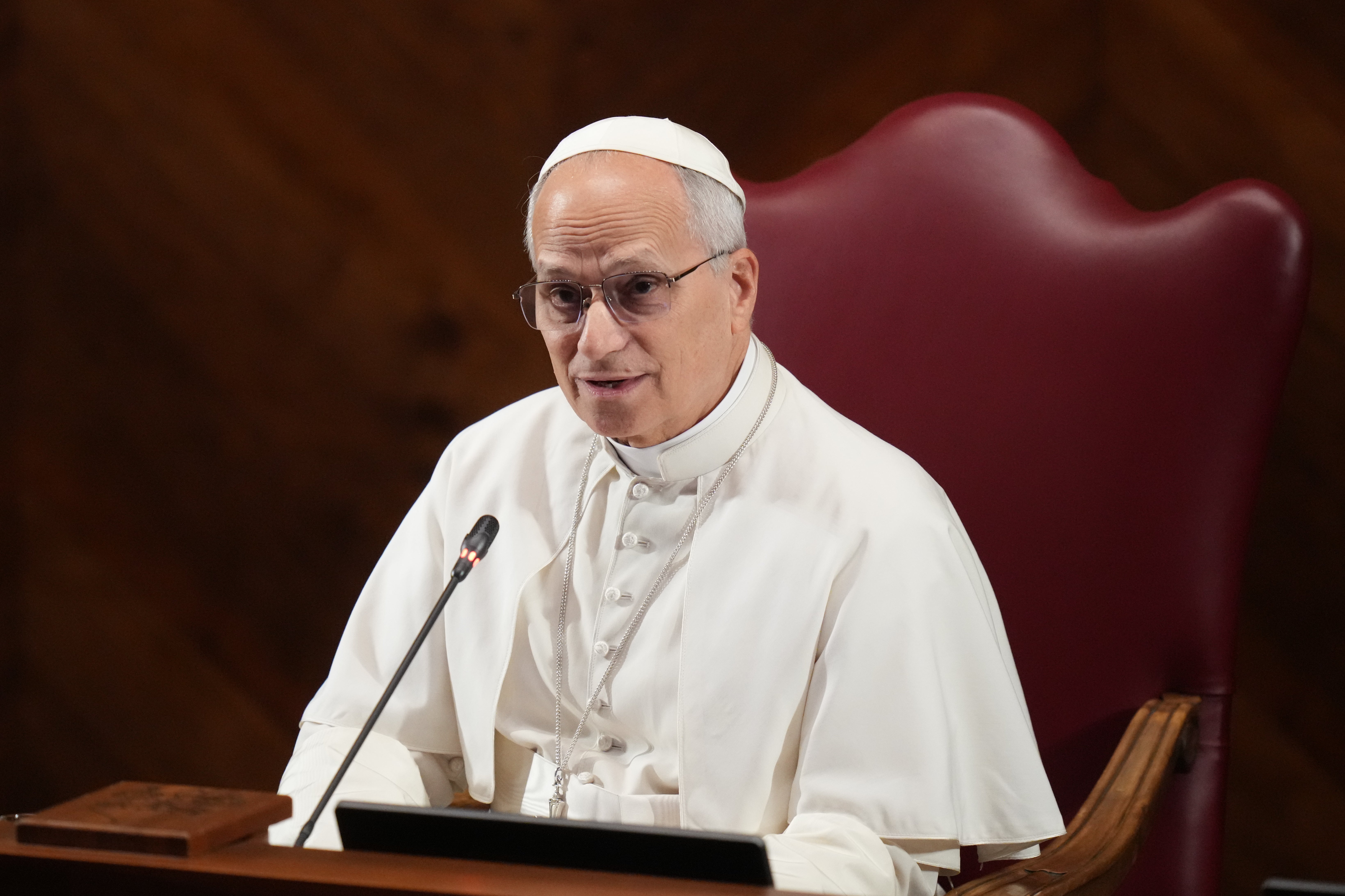 Pope Leo XIV delivers his speech at the Pontifical Lateran University on the occasion of the opening of the academic year, in Rome
