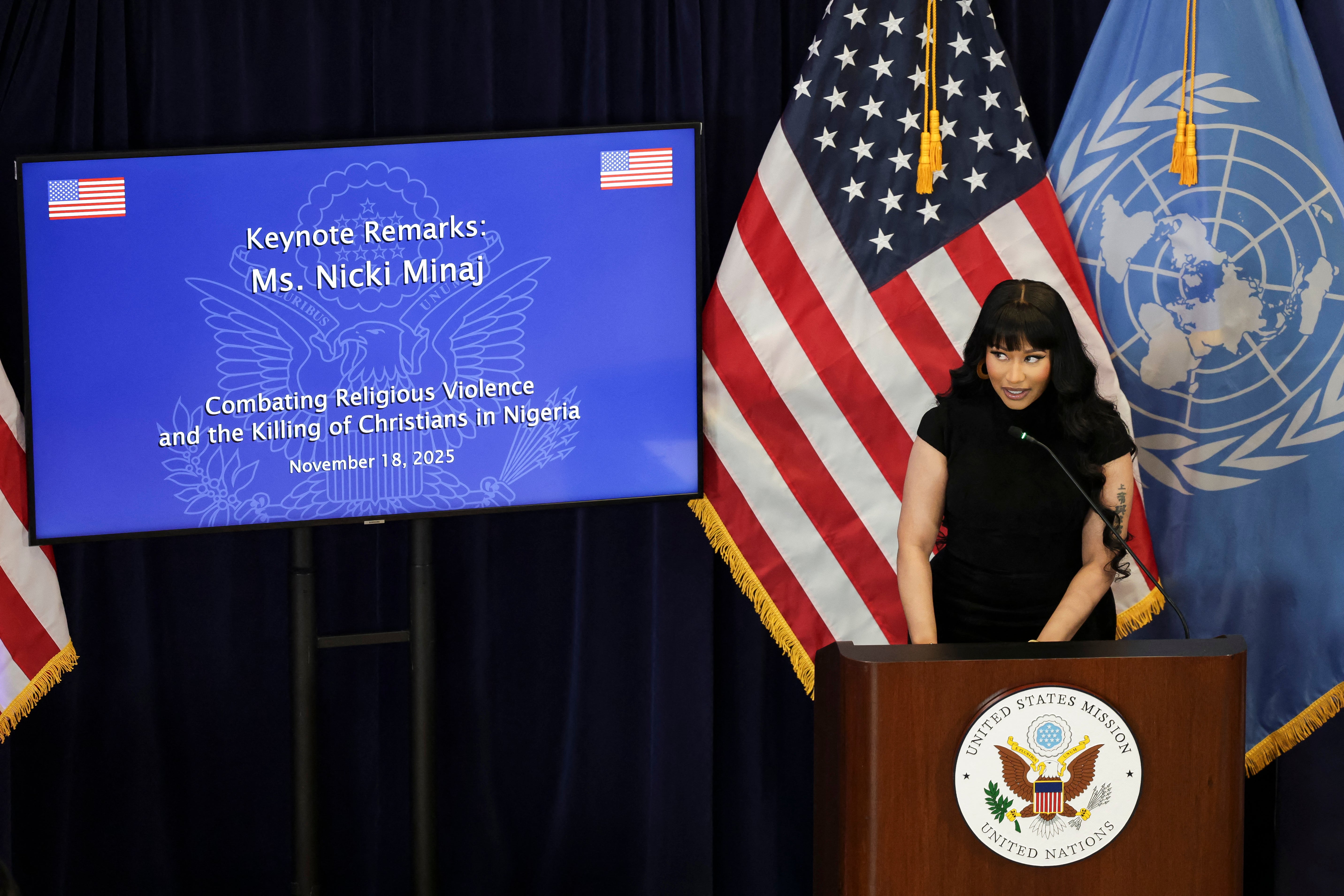Minaj spoke at the event, which came after she replied to Trump's social media post about Nigeria earlier this month