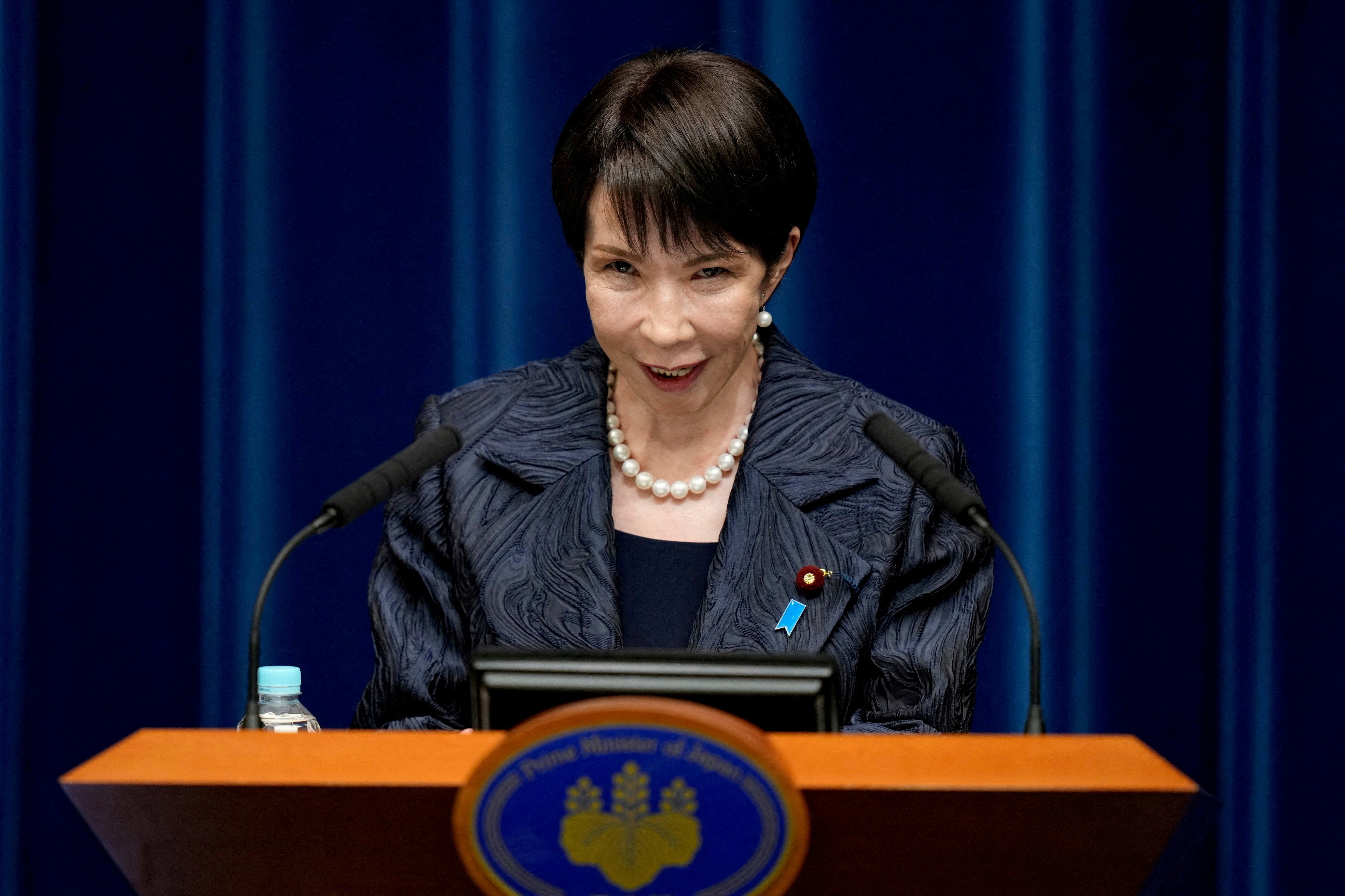 <p>Japanese prime minister Sanae Takaichi speaks during a press conference </p>