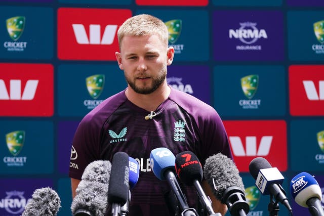 England’s Gus Atkinson faces the media in Perth (Robbie Stephenson/PA)