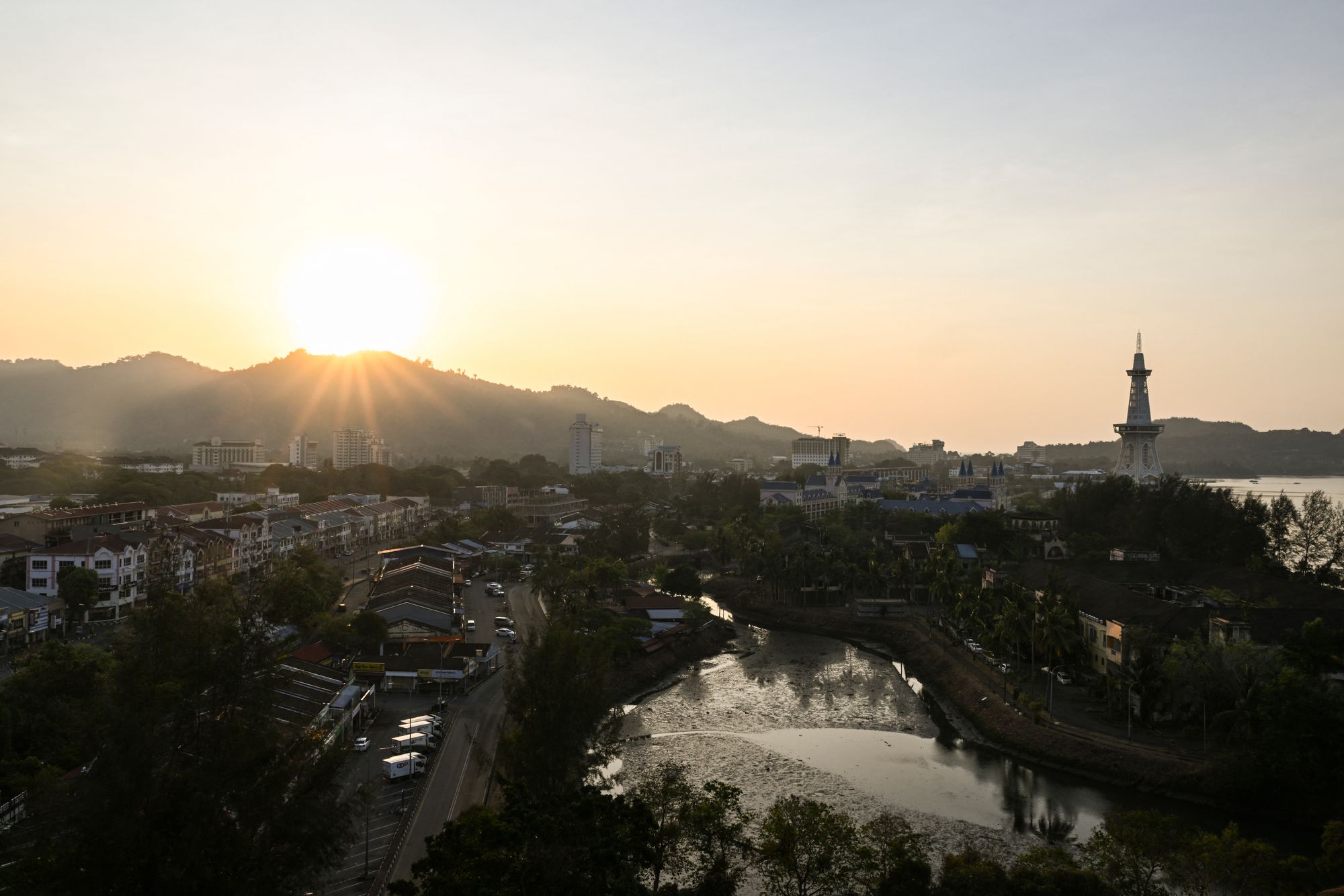 <p>File. Maha Tower and Kuah town are seen during sunrise on Malaysia's resort island of Langkawi on 1 March 2024</p>