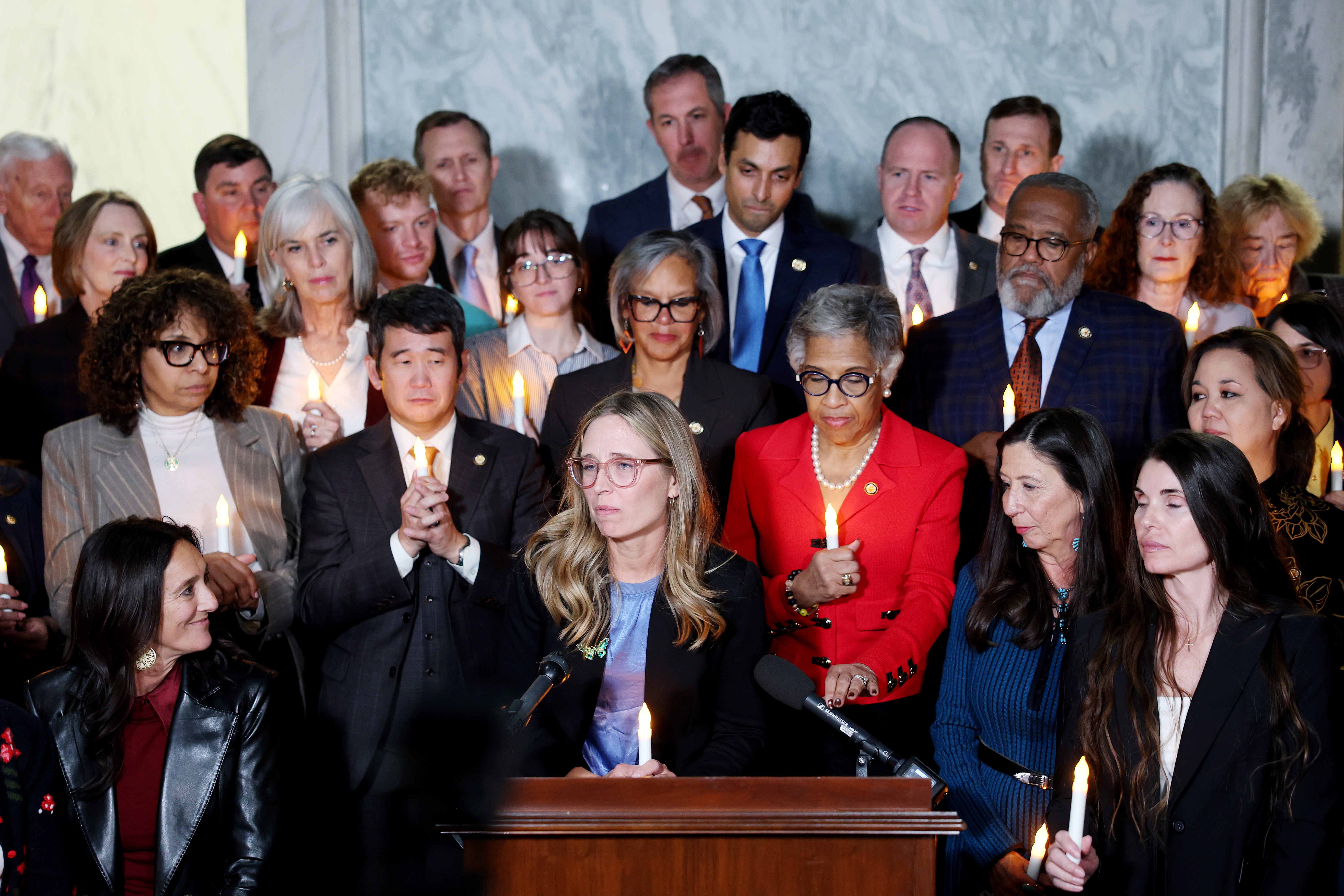 Epstein survivors held a vigil hosted by the Democratic Women’s Caucus following the House vote to release the files
