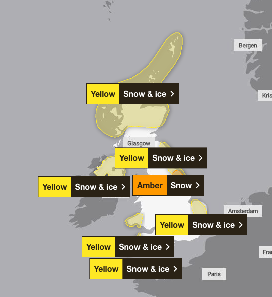 Parts of Yorkshire including York and Scarborough are subject to an amber weather warning from 5am to 9pm on Thursday, with travel delays and power cuts likely