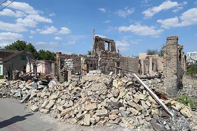 A view of a destroyed house in Bucha
