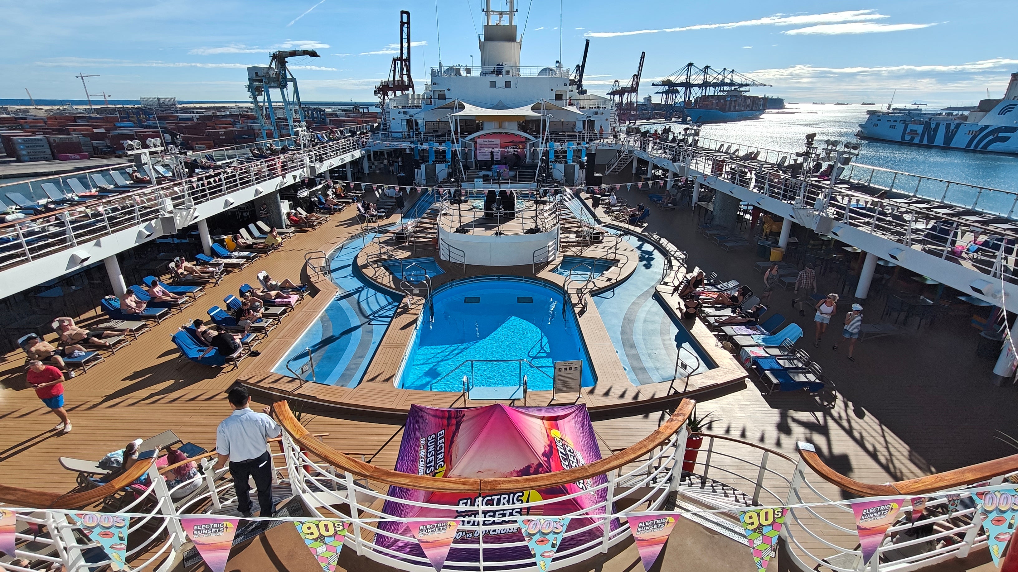The pool deck of Marella Voyager was the focal point for the Electric Sunsets cruise with a main stage and pool party vibe
