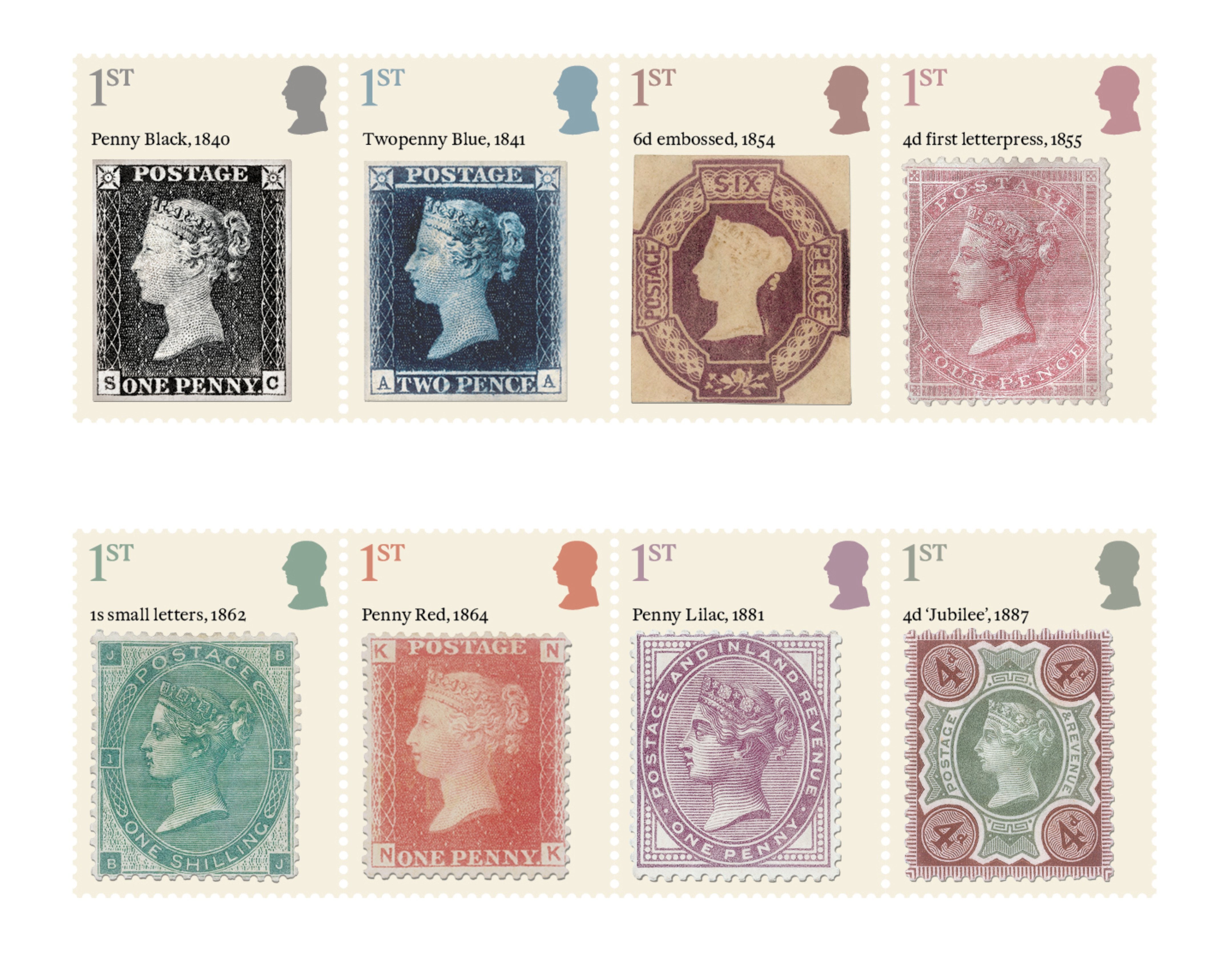 The eight stamps featured chart the evolution of British philately during Queen Victoria’s reign