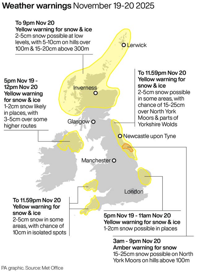 Up to 25cm of snow is expected to settle on high ground, particularly across the North York Moors