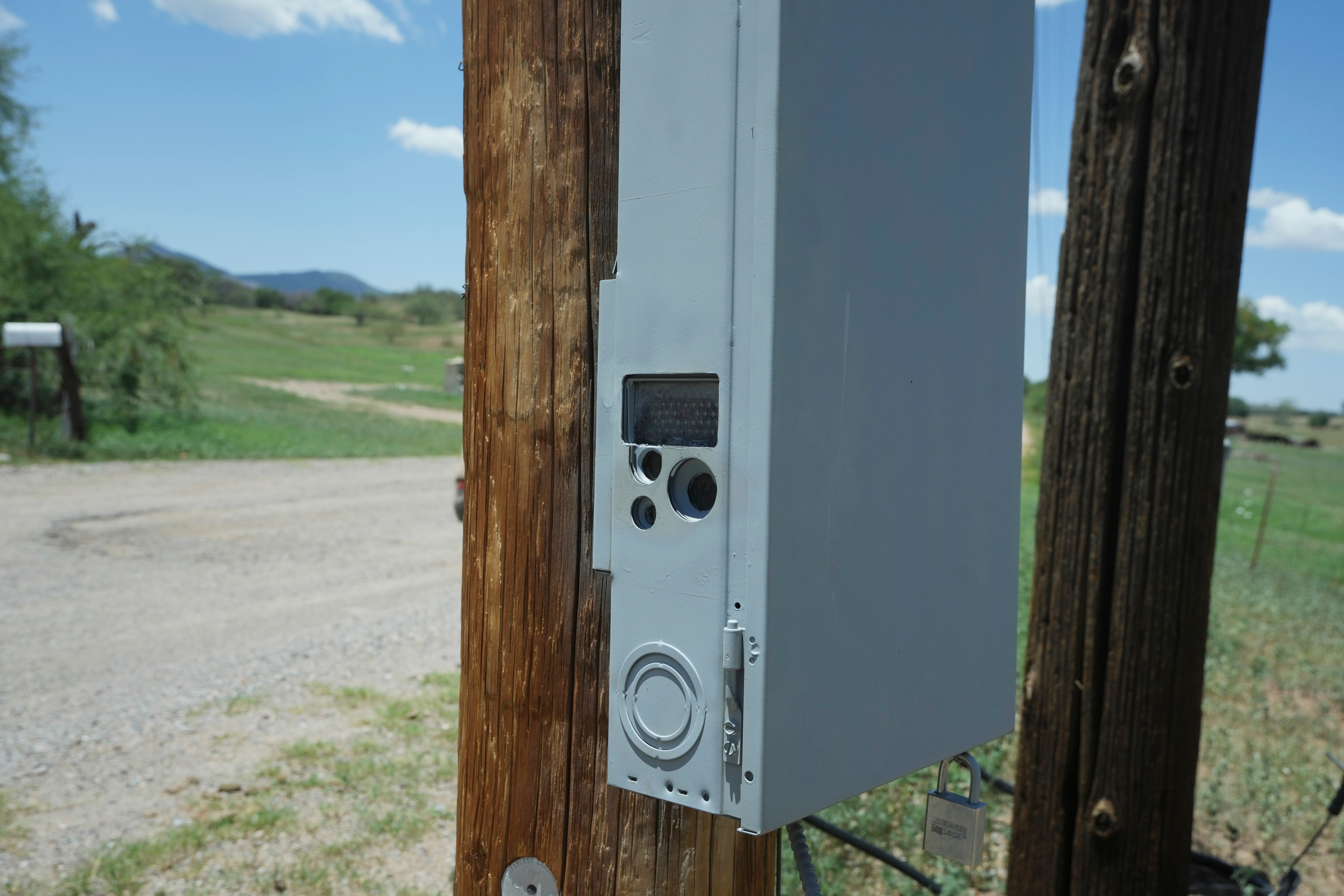 A remote camera hidden in an electrical box is used as surveillance technology, Tuesday, July 29, 2025, in Sierra Vista, Ariz.