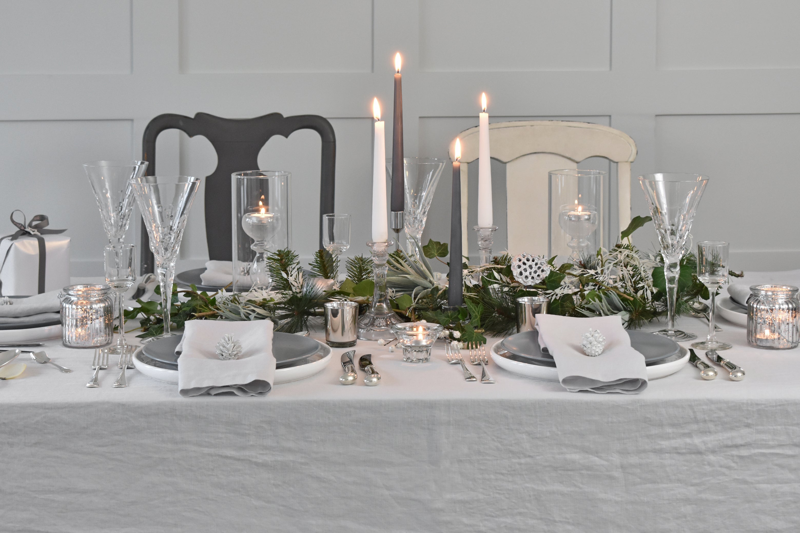 Sea Mist Grey Linen Tablecloth, £90; rest of items from a selection, Chalk Pink