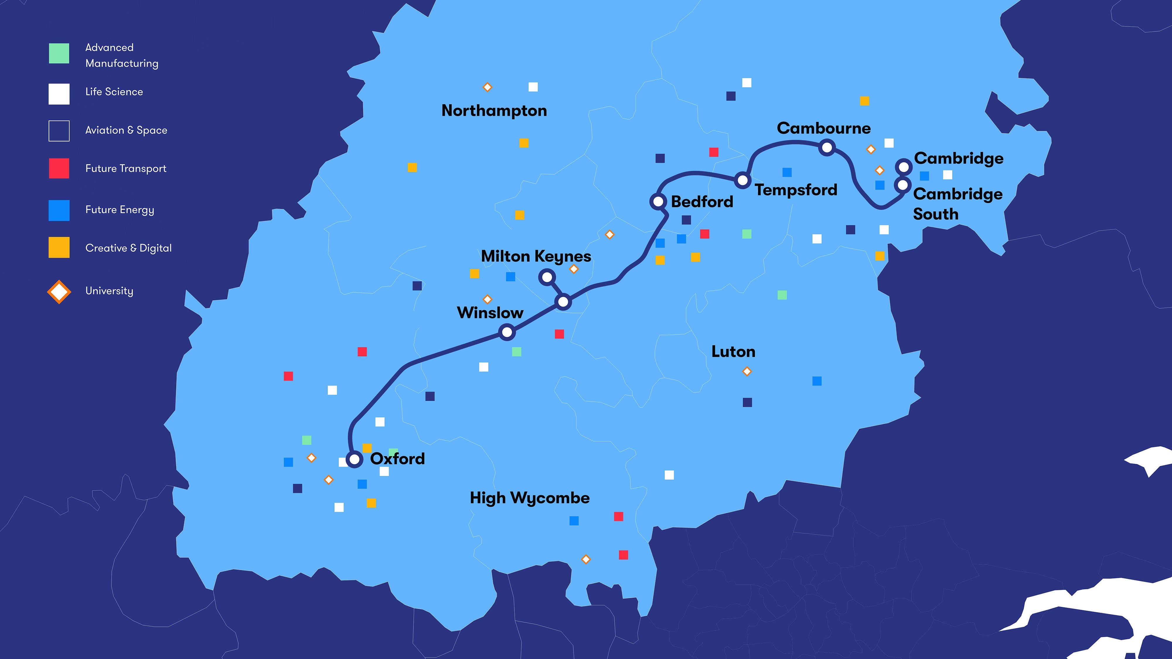 Missing link: Planned route of East West Rail, showing ‘science clusters' of industry