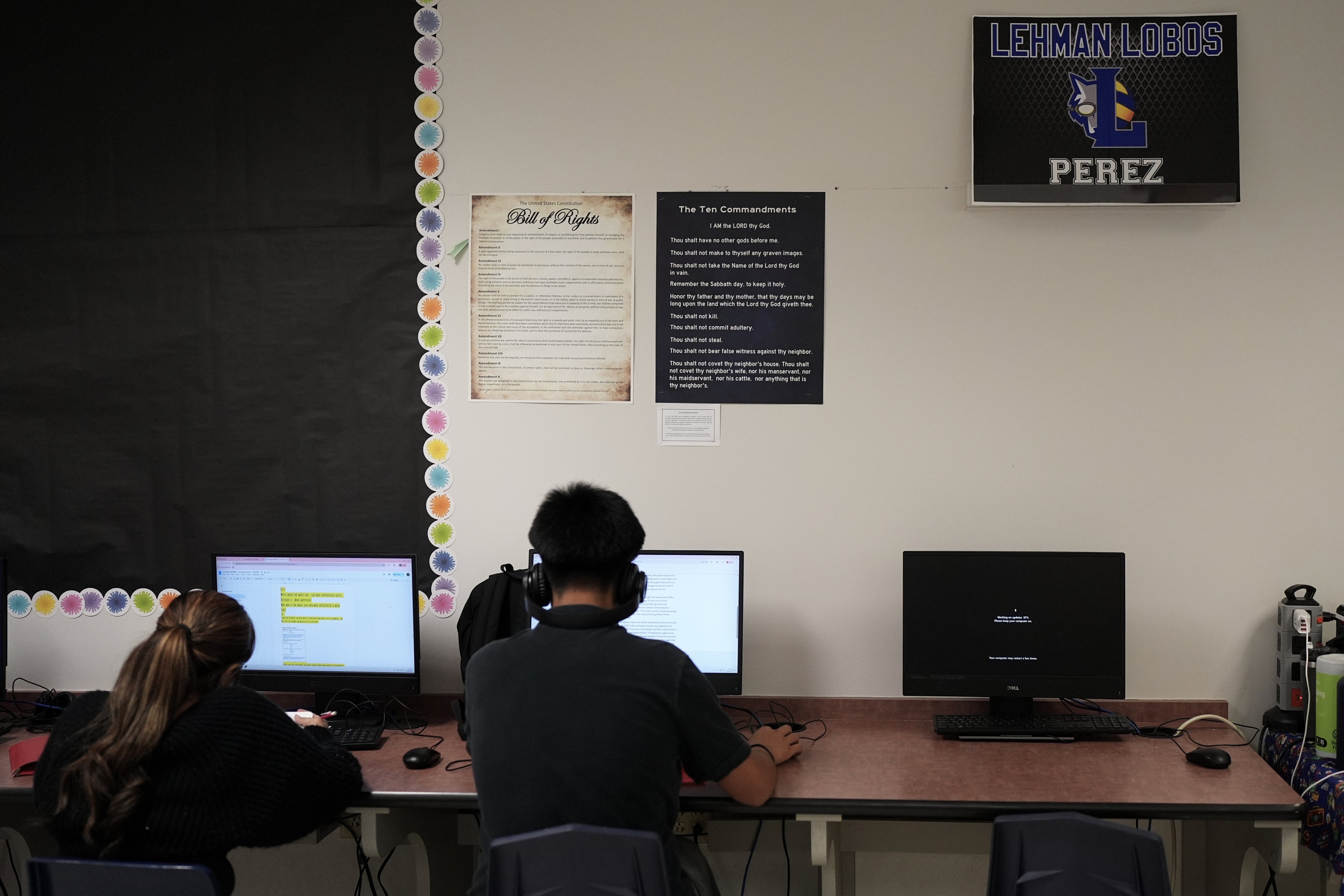 Students activity nether Ten Commandments and Bill of Rights posters connected show successful Texas, whose Ten Commandments rule is being challenged successful national appeals court