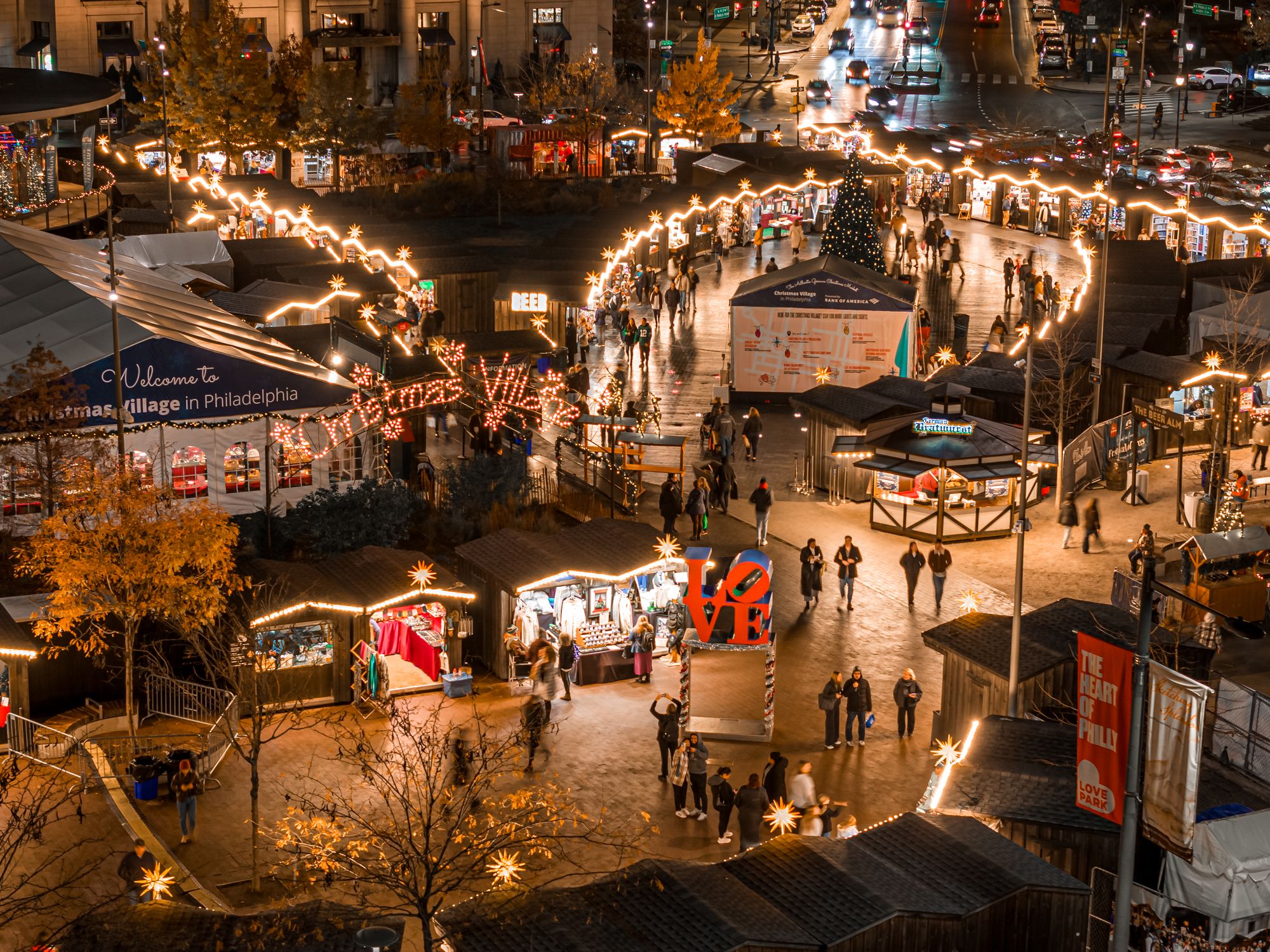 Philadelphia’s Love Park transforms into a European-style open-air Bavarian village during the holiday season