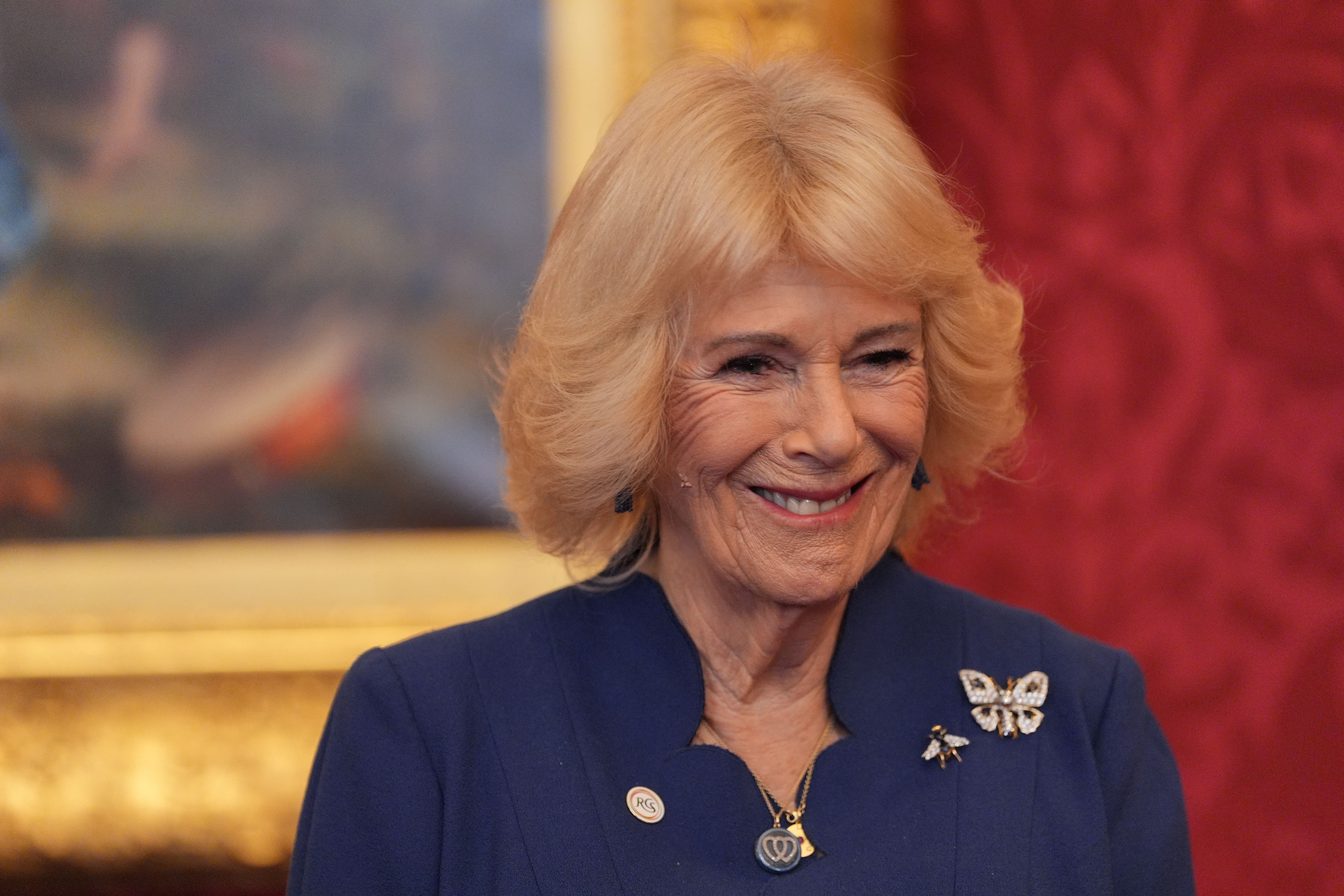 Queen Camilla during a reception to celebrate the winners of the Queen’s Commonwealth Essay Competition at St James’ Palace in London (Yui Mok/PA)