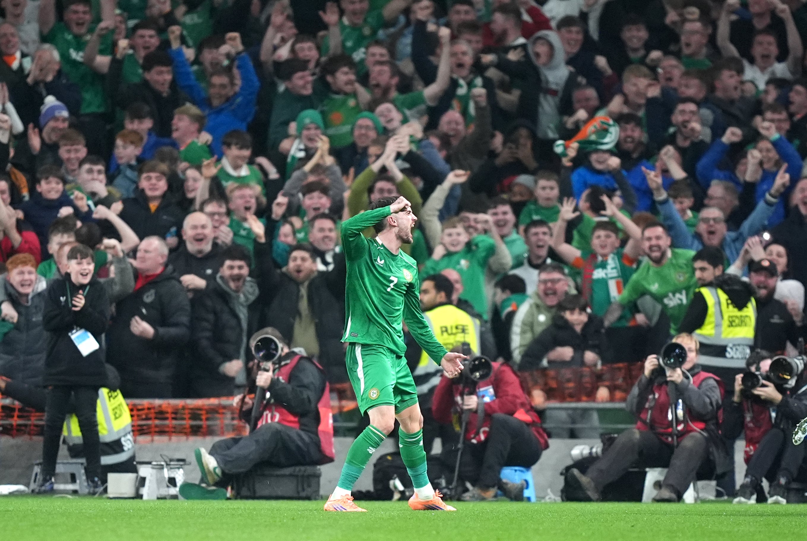 Hat-trick hero Troy Parrott celebrates in front of the Republic of Ireland fans (Niall Carson/PA)
