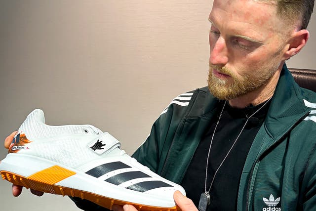 <p>Ben Stokes with the adidas x Jordan Dawson-designed shoe he will wear during the Ashes</p>