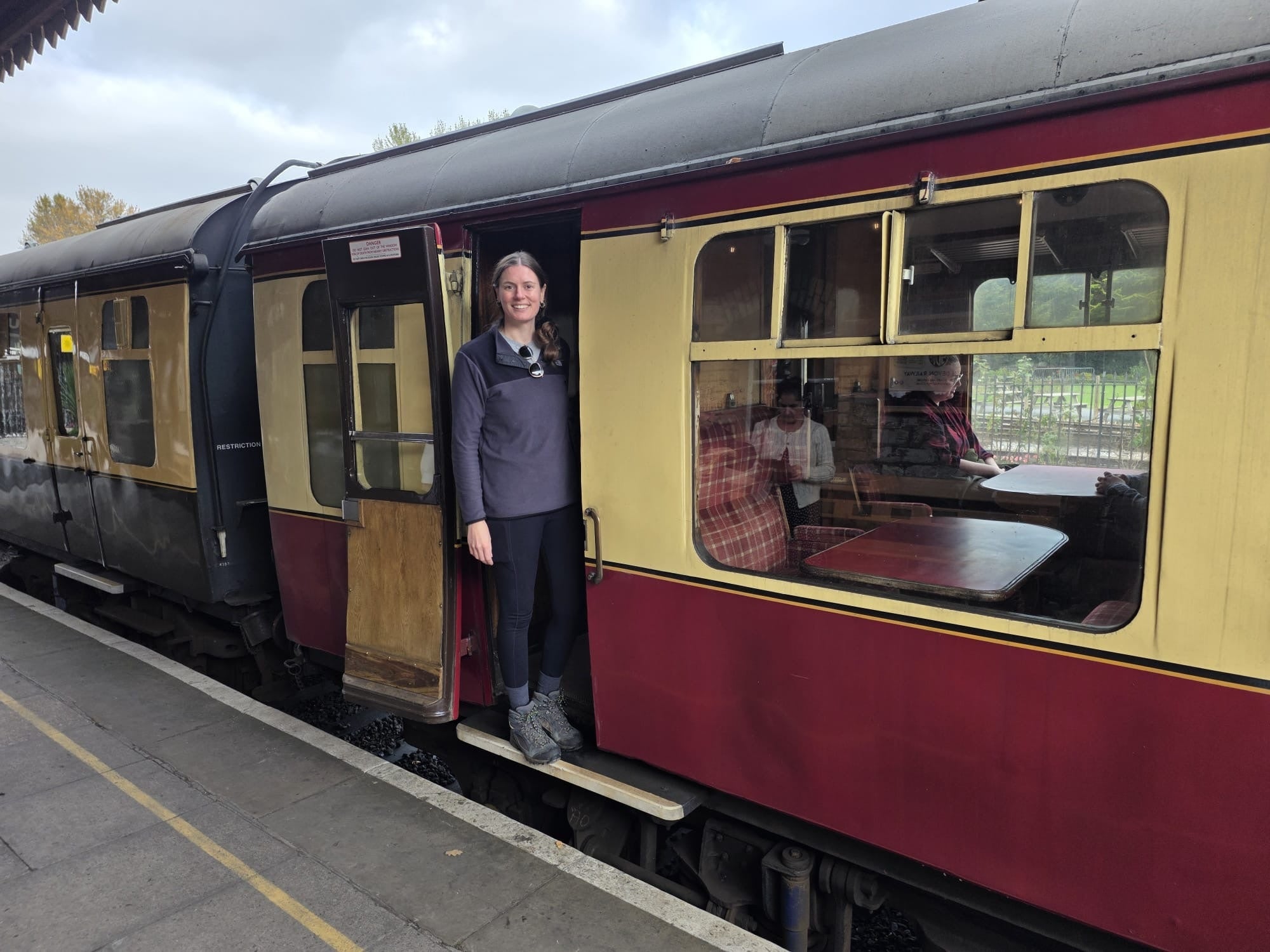 Emma boarding the steam train back to Totnes at Buckfastleigh