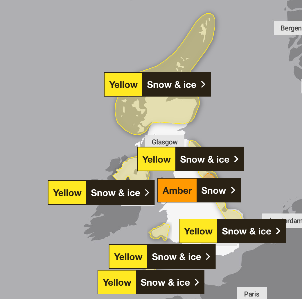 A number of warnings have been issued for snow and ice across the UK for Thursday