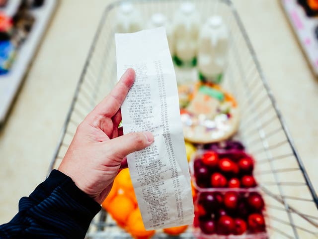 <p>A receipt with a shocking bottom line and a trolley that looks no fuller for it: the clearest sign that food inflation hasn’t followed the headline numbers down</p>