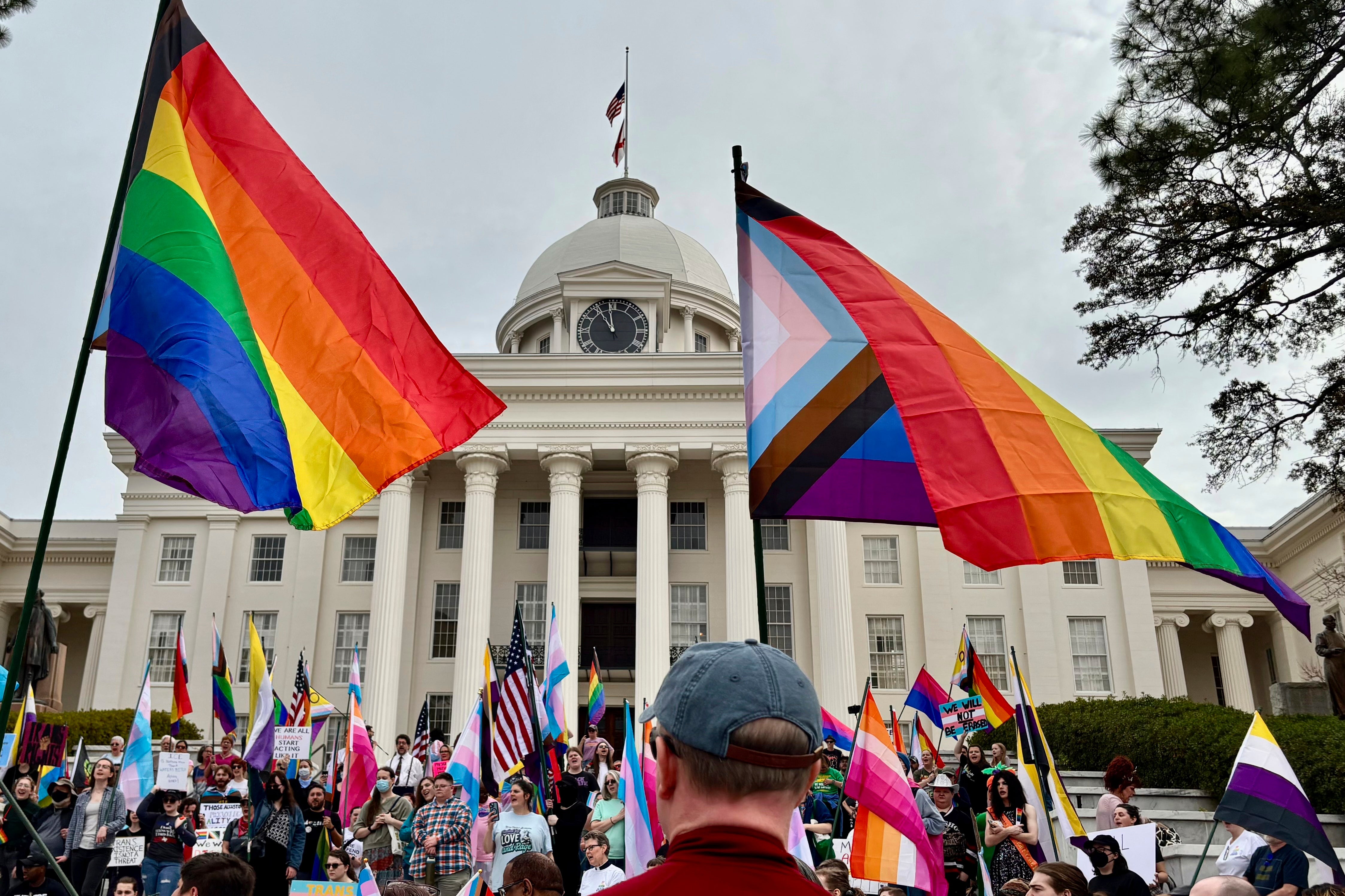 Demonstrators march to the Alabama Capitol in Montgomery, Ala., on Feb. 5, 2025 to protest bills that would impact transgender people. (AP Photo/Kim Chandler, file)