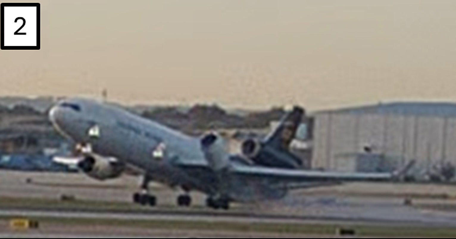 The chilling sequence first shows an engine coming loose from the UPS cargo plane during takeoff