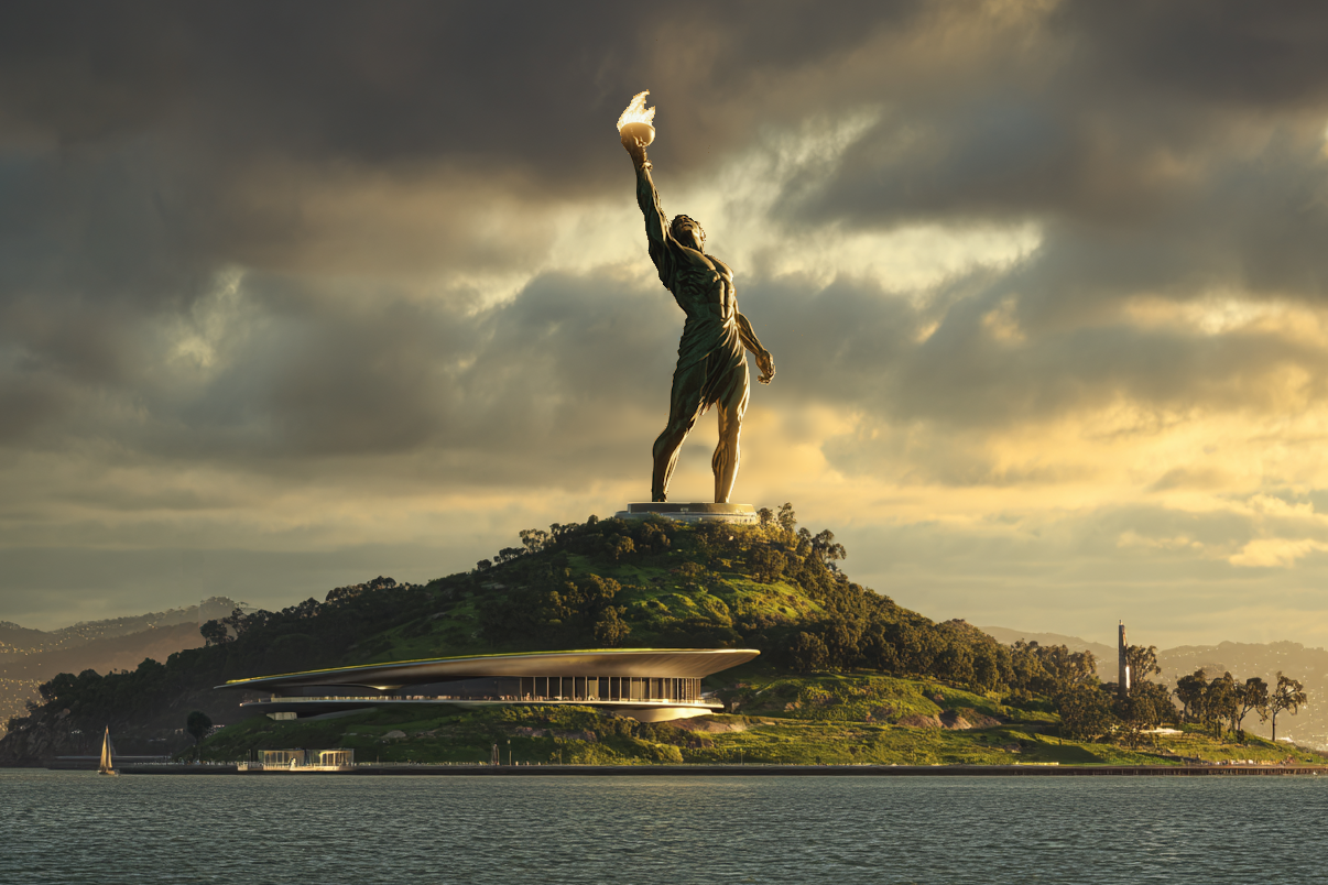An artist’s rendering shows the Colossus of Prometheus, a proposal from crypto entrepreneur Ross Calvin to build a giant monument on Alcatraz in San Francisco Bay to the mythological figure who stole fire from the gods