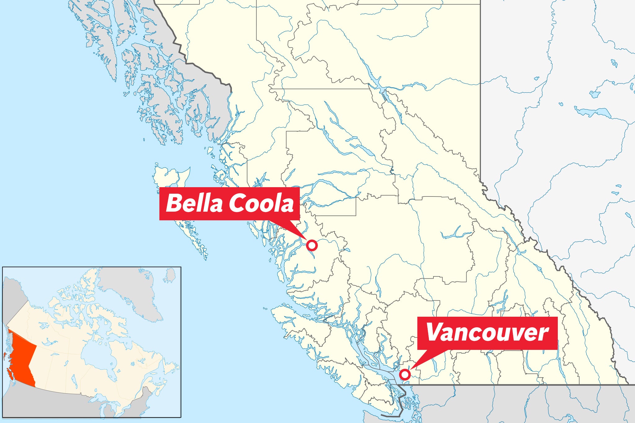 The community of Bella Coola is located around 600 miles north of Vancouver