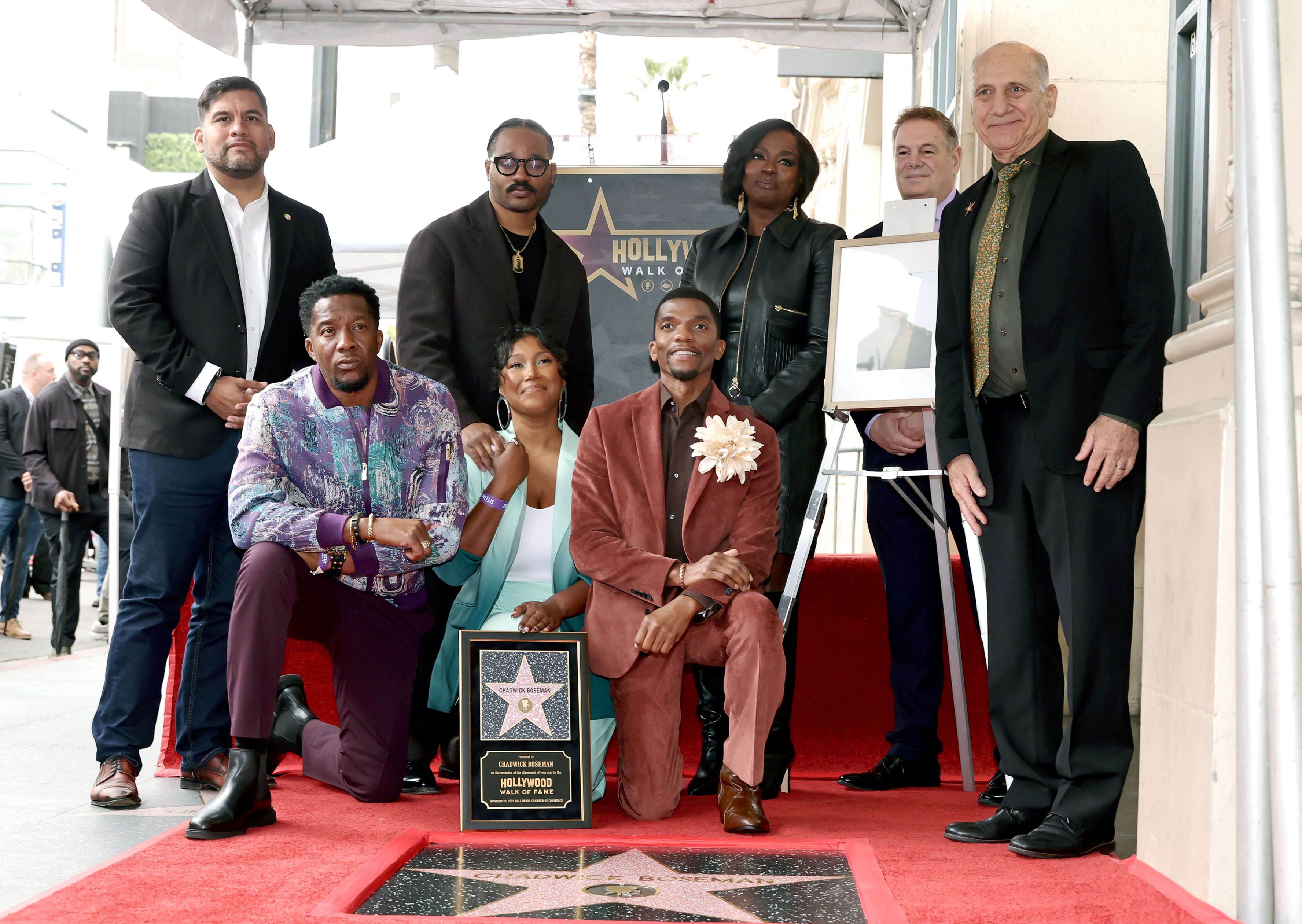 Hugo Soto-MartÃnez, Derrick Boseman, Ryan Coogler, Taylor Simone Ledward, Kevin Boseman, Viola Davis, Jerry Neuman, and Steven Nissen at Chadwick Boseman’s Hollywood Walk of Fame ceremony