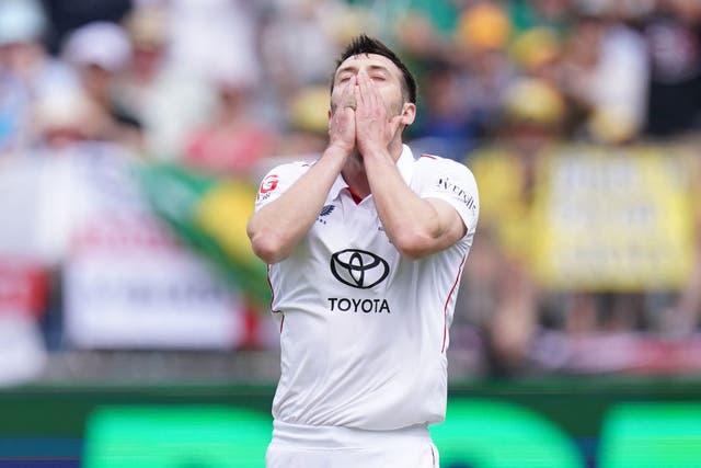England’s Mark Wood looks frustrated after being hit for a six on day two of the first test of the NRMA Insurance Ashes Series 2025 at the Optus Stadium in Perth, Australia. Picture date: Saturday November 22, 2025.