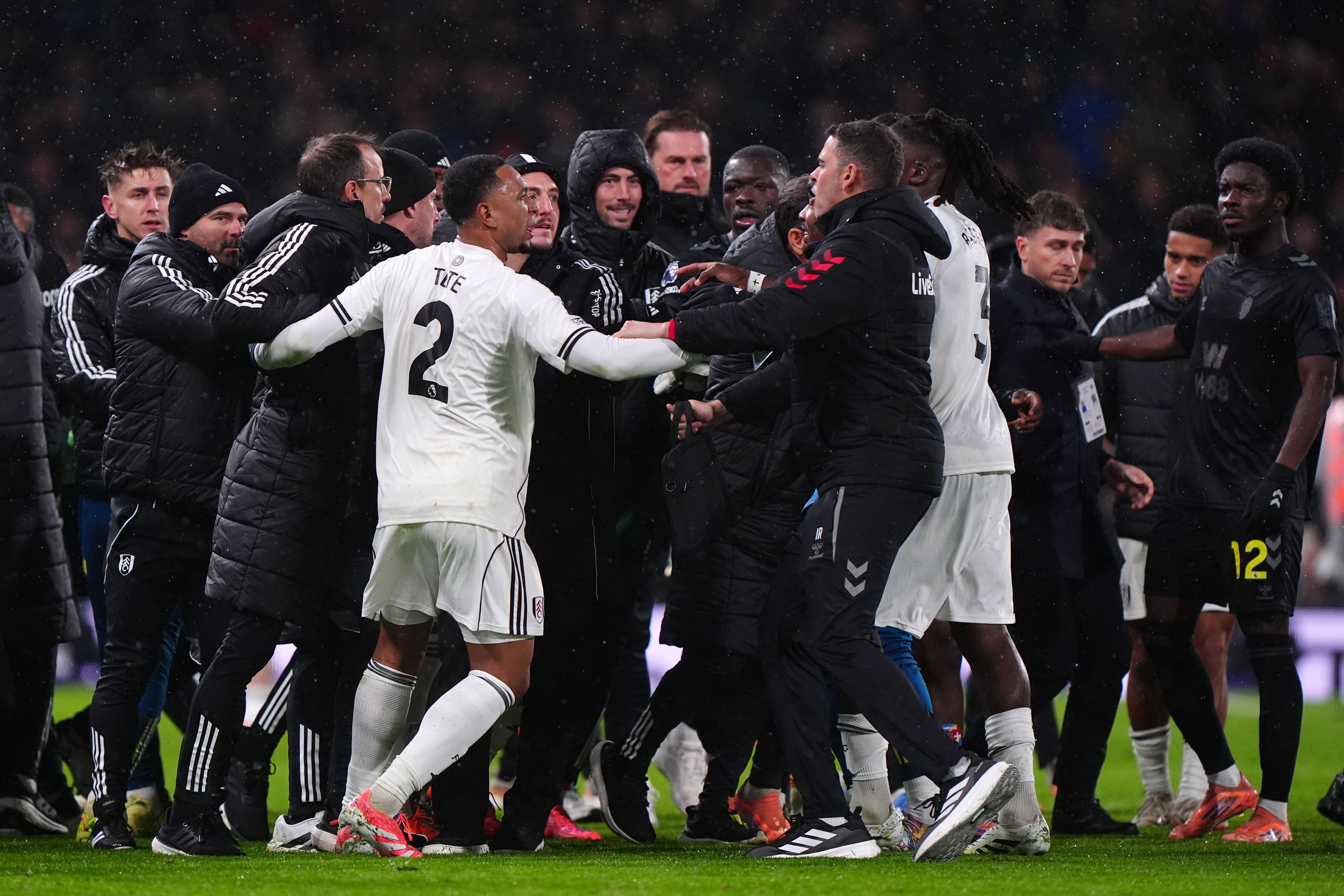 Tempers flared between the players and staff at full-time after Fulham’s late victory (Bradley Collyer/PA)