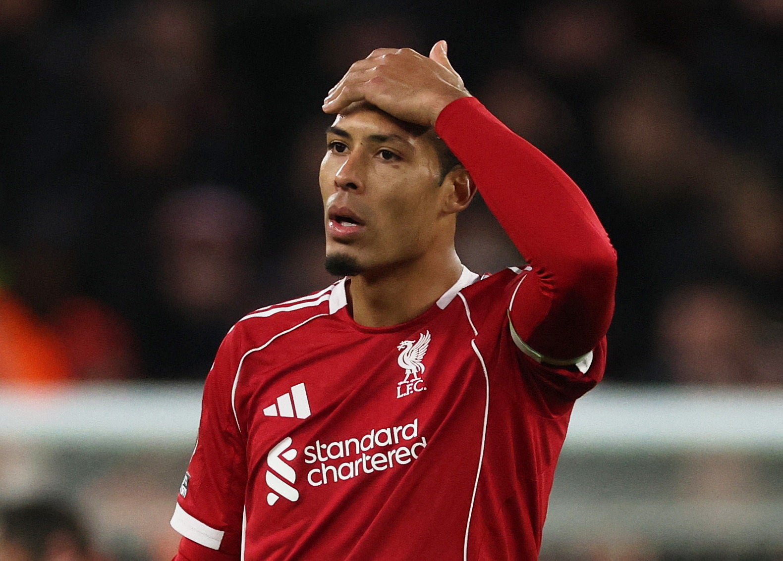 <p>Liverpool's Virgil van Dijk reacts after another setback for the Reds against Nottingham Forest</p>