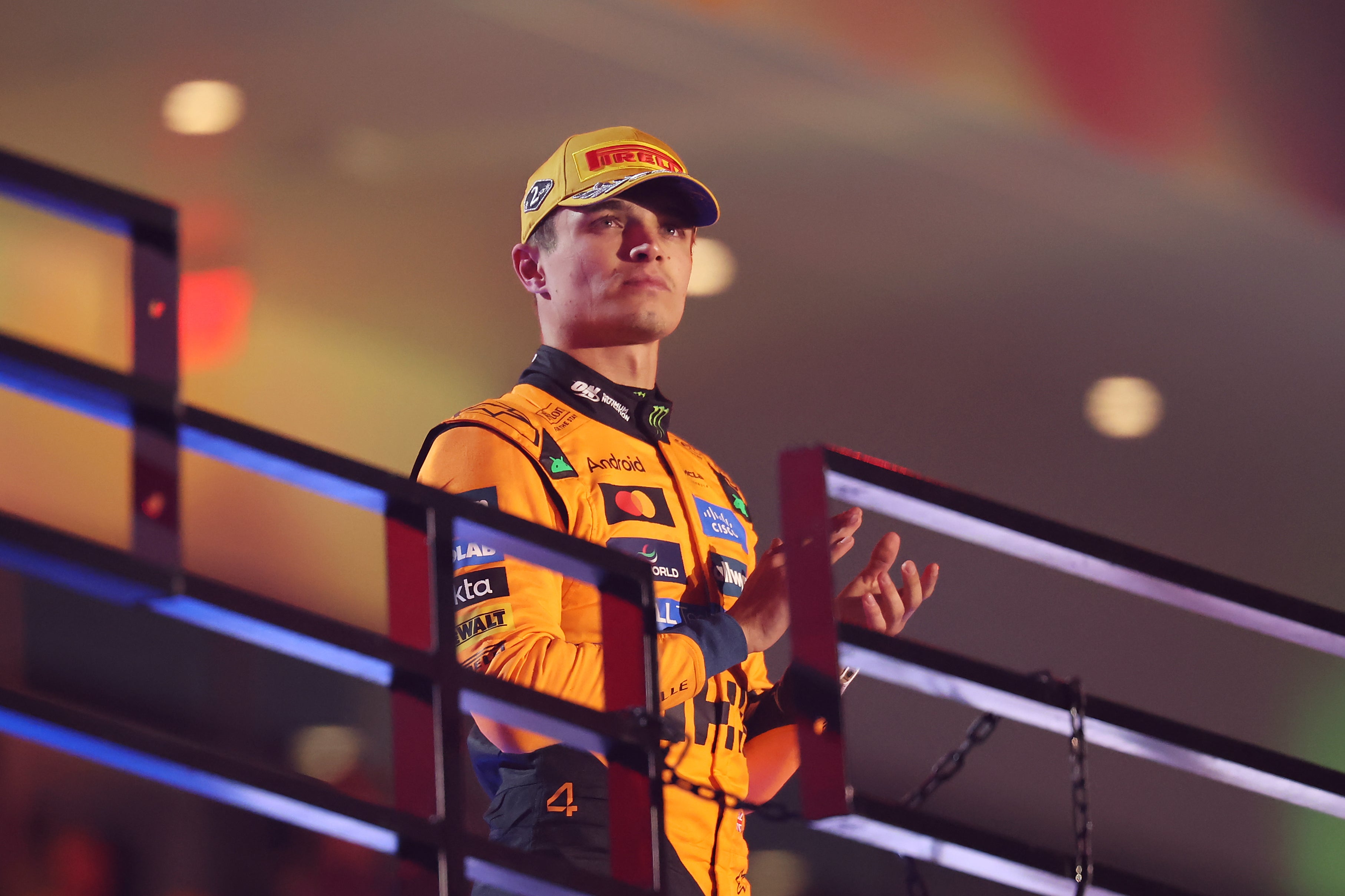 Lando Norris reacts after initially finishing second at the Las Vegas Grand Prix before being disqualified
