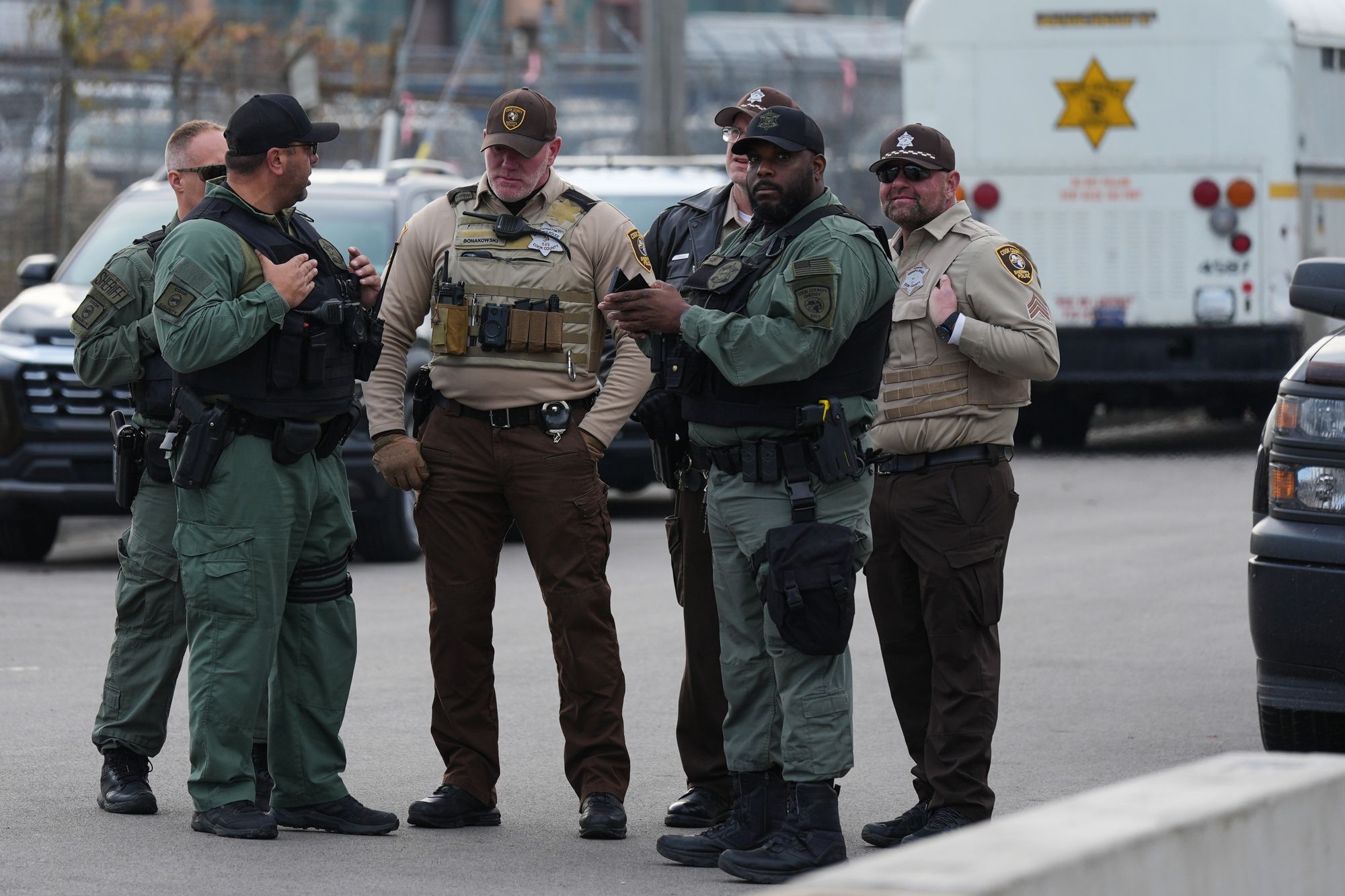 Law enforcement officers guarding an ICE processing facility in the Chicago suburb of Broadview last week