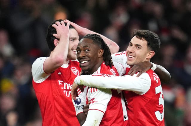 <p>Arsenal's Eberechi Eze celebrates scoring his side's fourth goal of the game, completing his hat-trick</p>