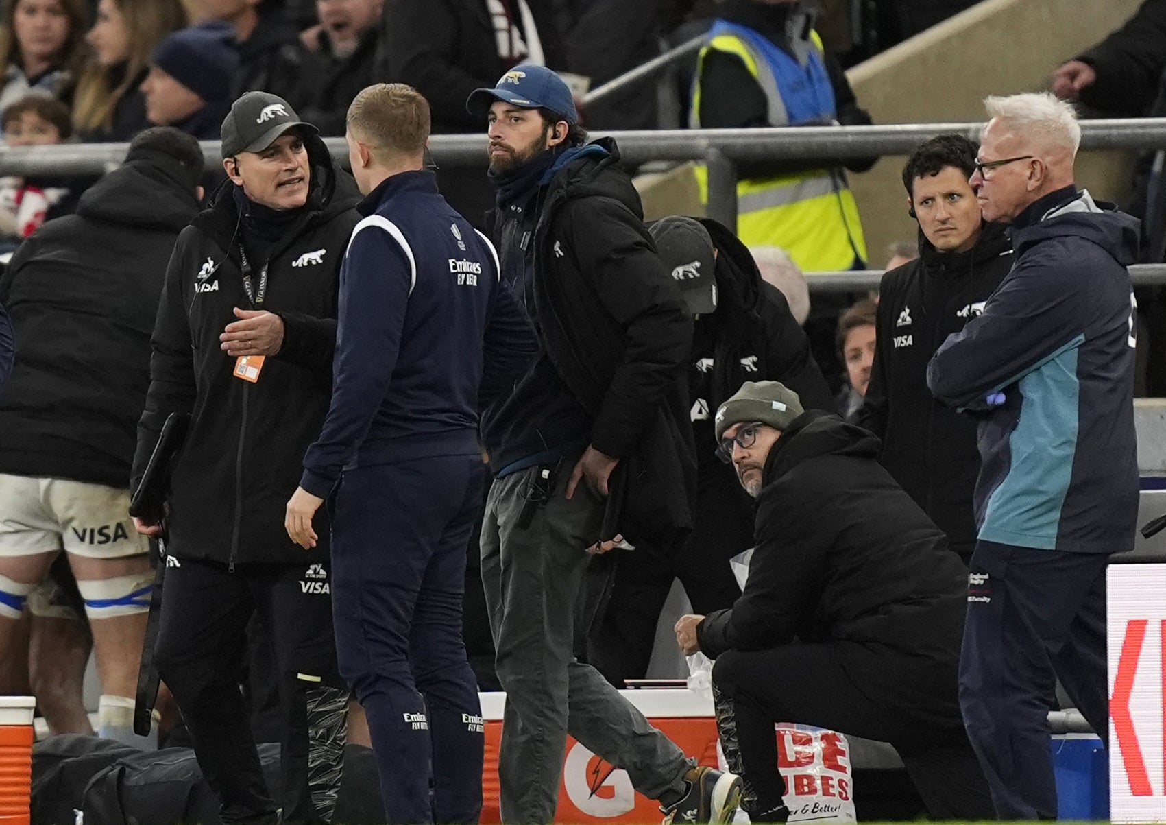Argentina head coach Felipe Contepomi arguing with officials on the sideline after his Juan Cruz Mallia was taken off injured (Andrew Matthews/PA)