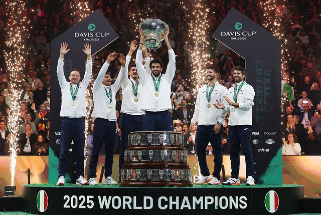 <p>Matteo Berrettini lifts the Davis Cup title after Italy’s win over Spain </p>