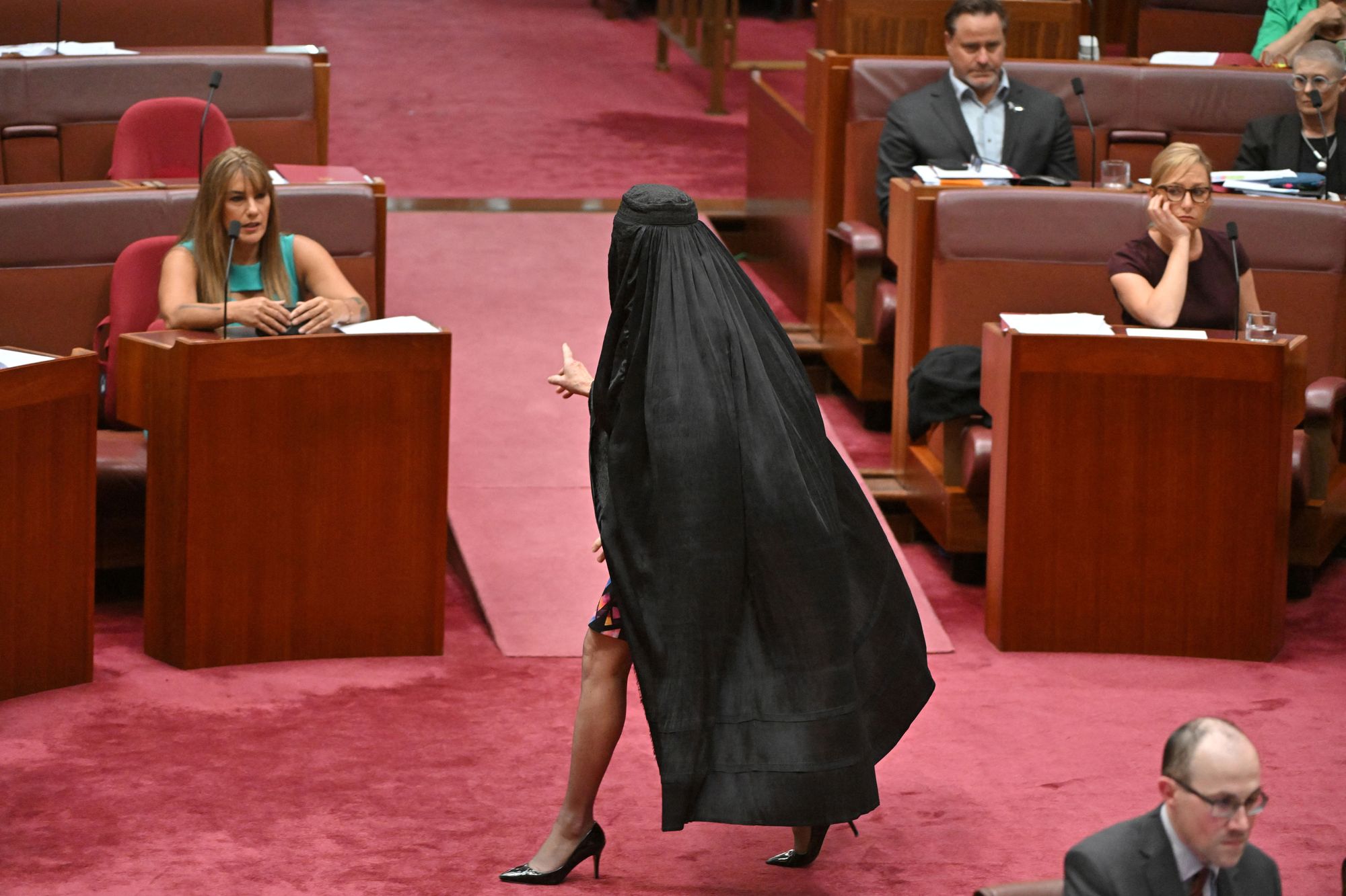 <p>One Nation leader Pauline Hanson wears a burqa in the Senate chamber</p>