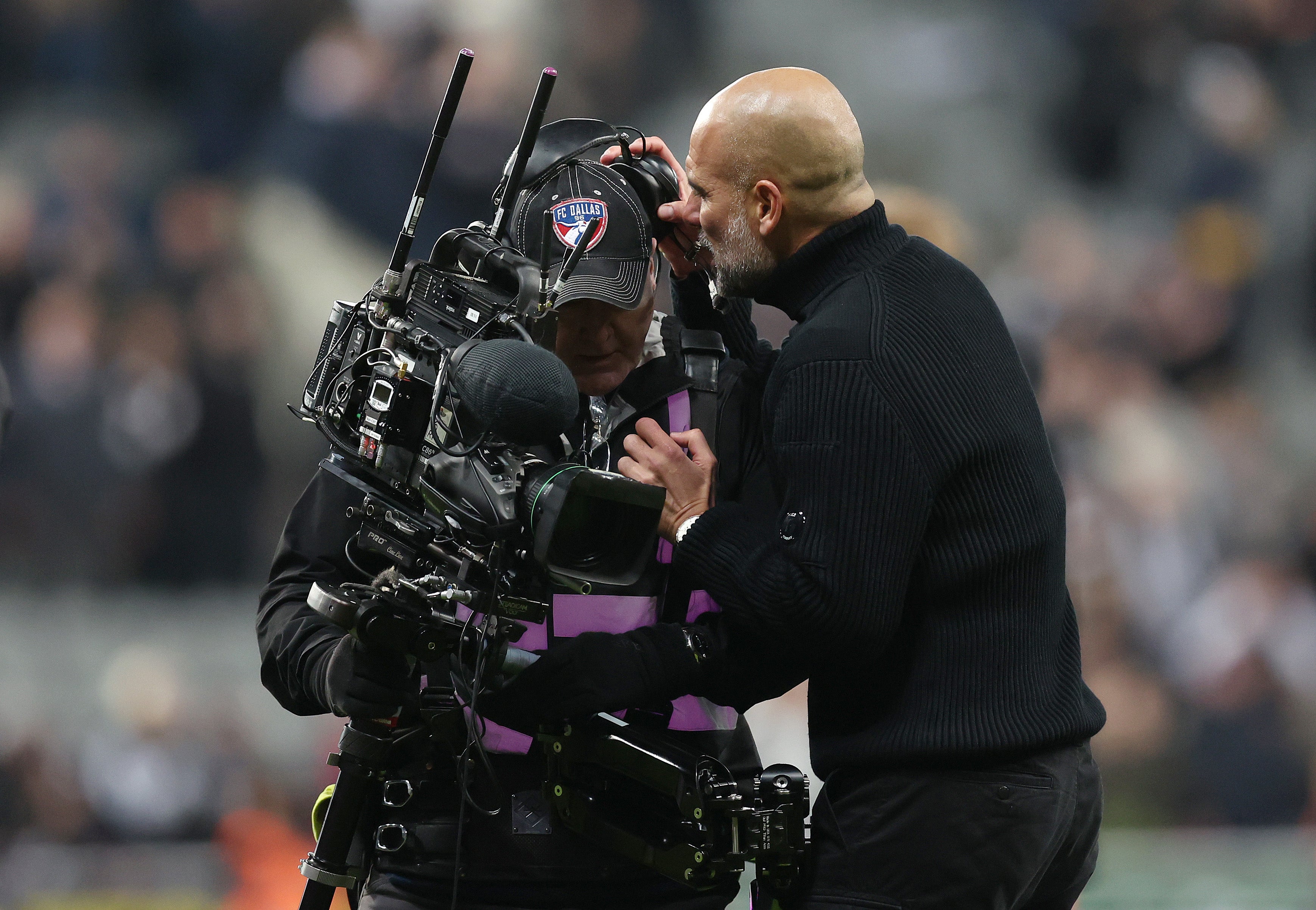 <p>Pep Guardiola confronted a cameraman at the end of Man City’s loss to Newcastle</p>