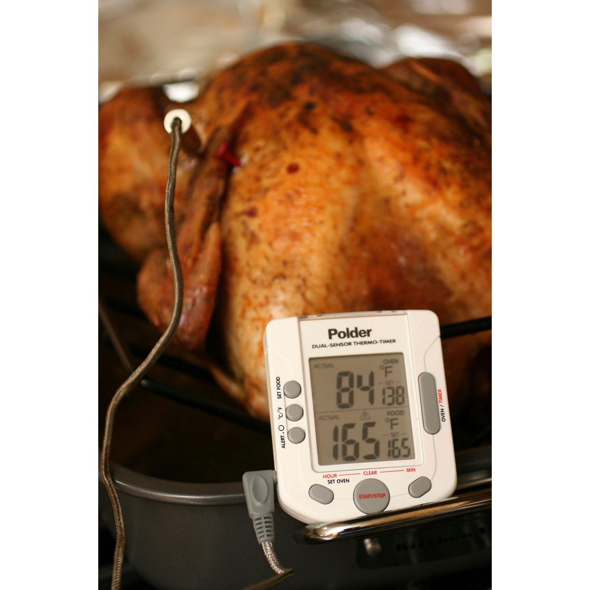 A turkey is roasted with the help of a thermometer
