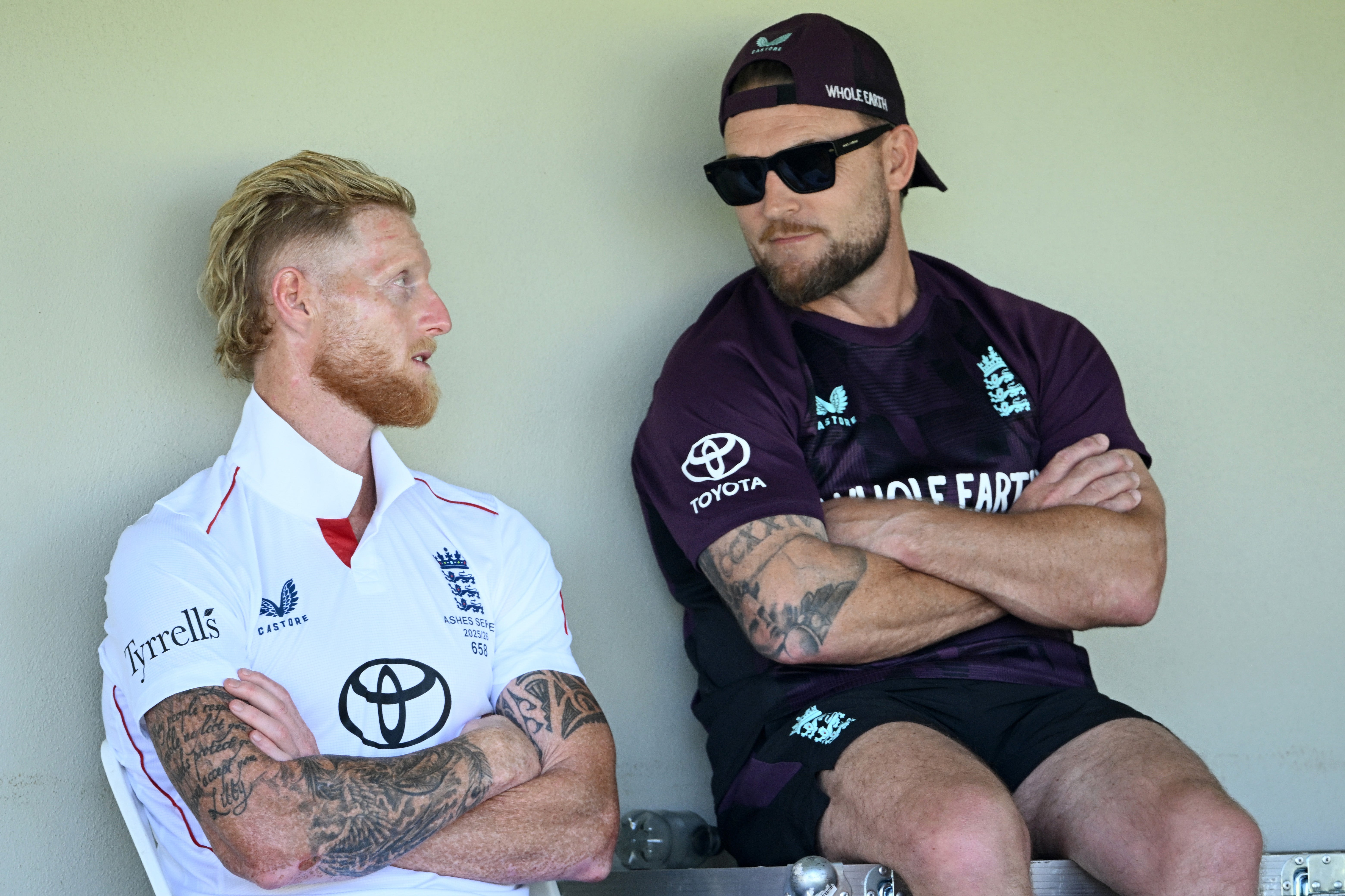 Ben Stokes in conversation with England head coach Brendon McCullum