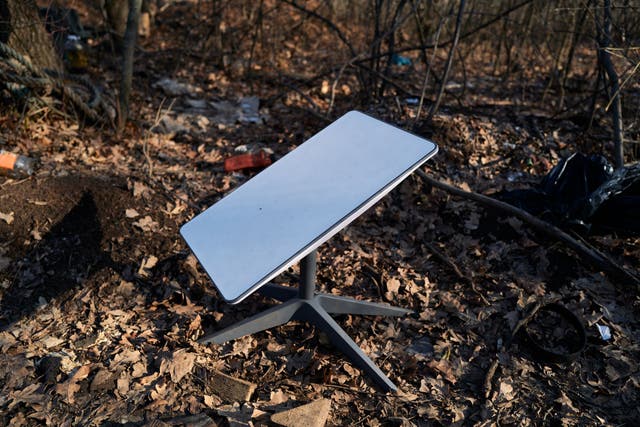 <p>A Starlink device is pictured which connects the brigade to the internet as servicemen of the 155th Brigade of the Armed Forces of Ukraine</p>