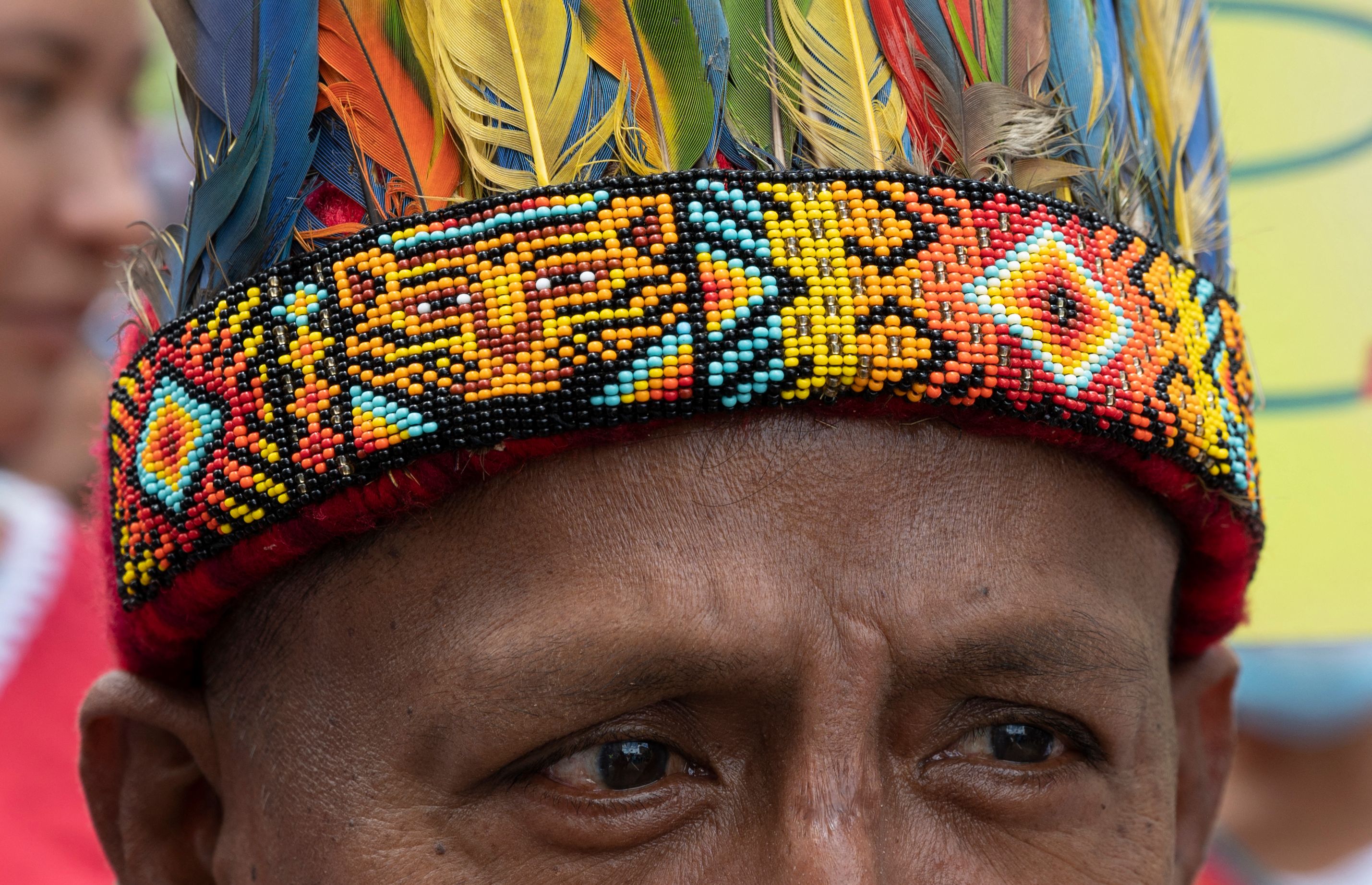 <p>An indigenous man takes part in a demonstration in Argentina</p>