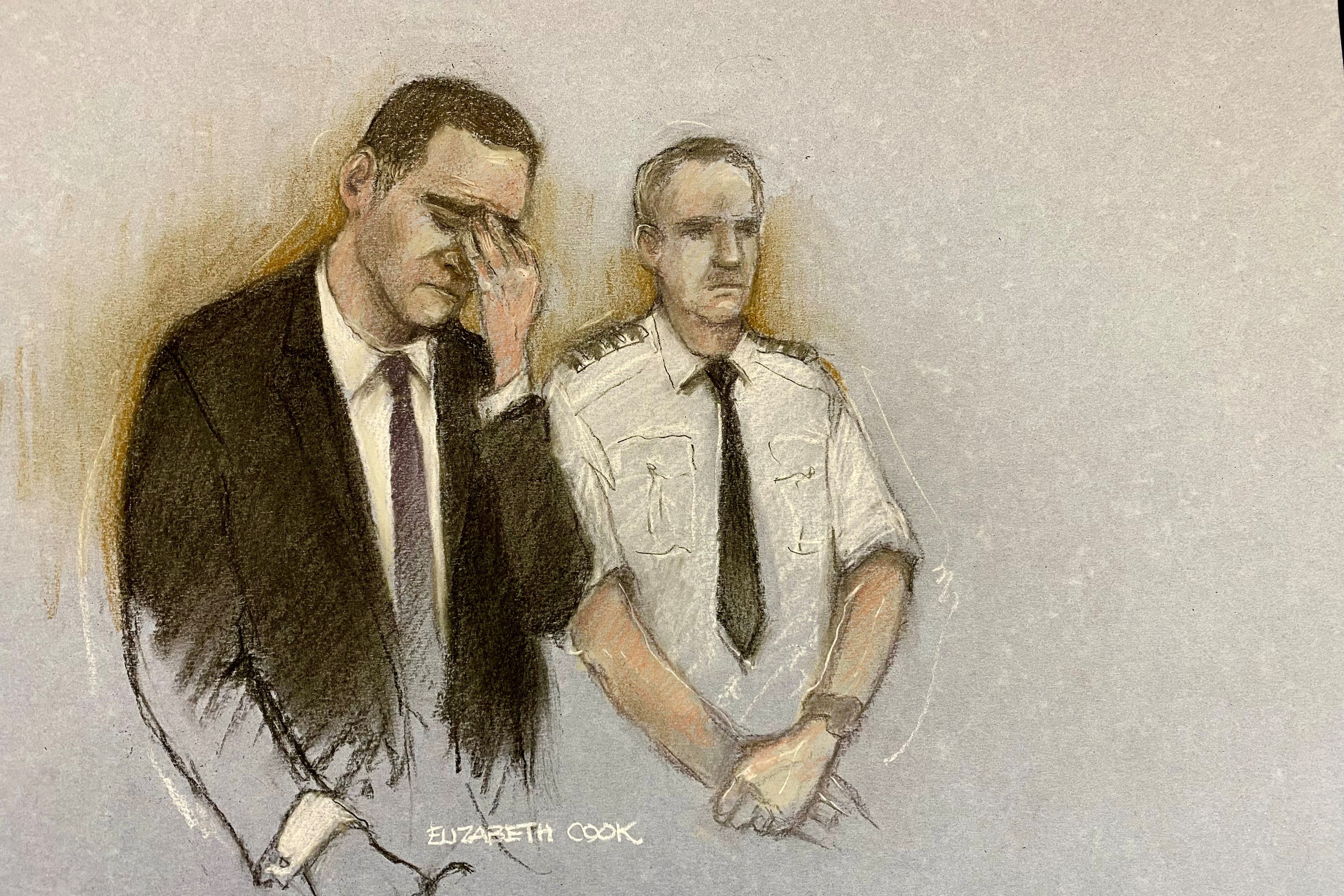 A court artist sketch of Paul Doyle, 53, appearing at Liverpool Crown Court during his trial where he is accused of multiple offences (Elizabeth Cook/PA)