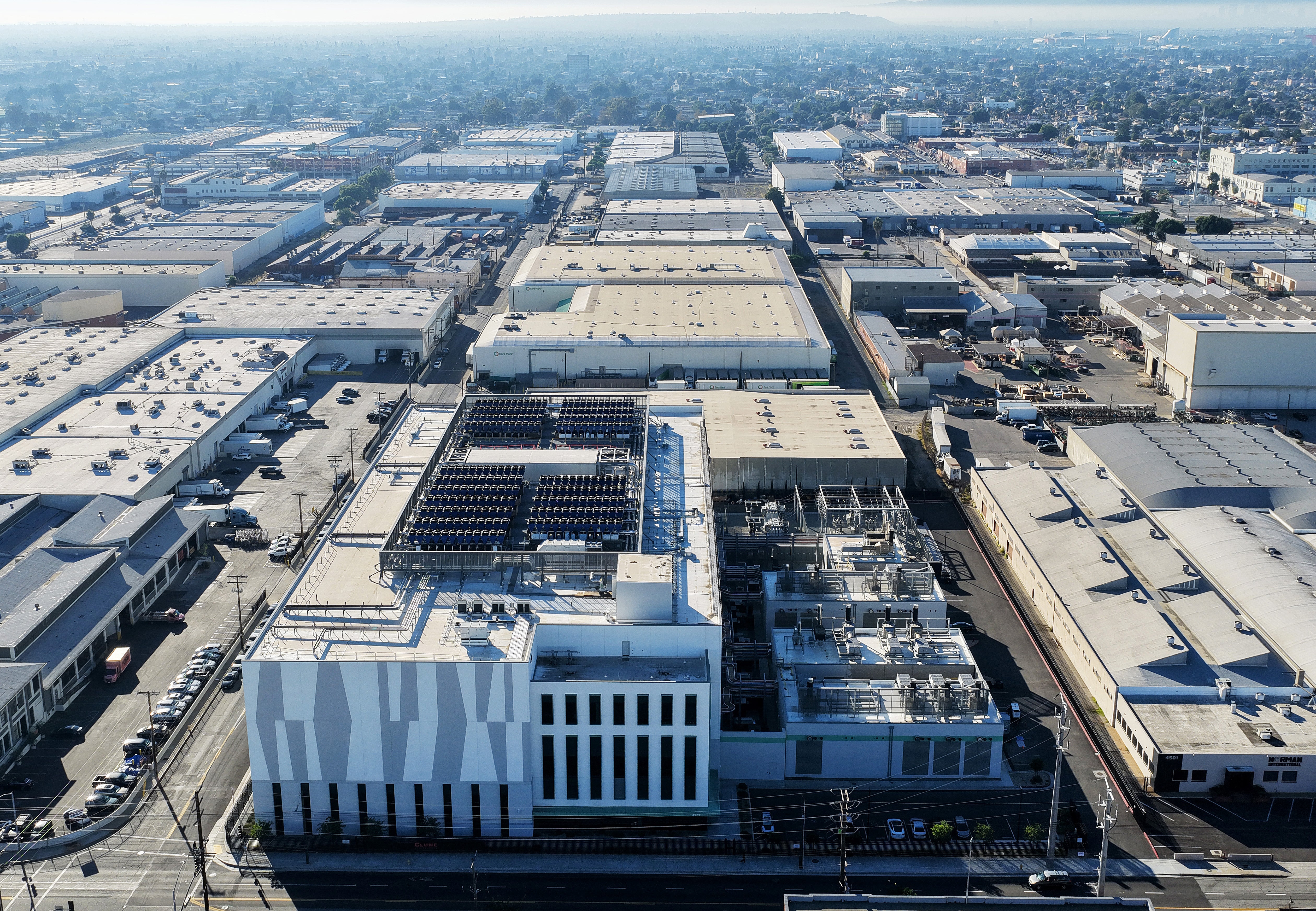 An aerial view of a 33 megawatt data center with closed-loop cooling system on October 20, 2025 in Vernon, California