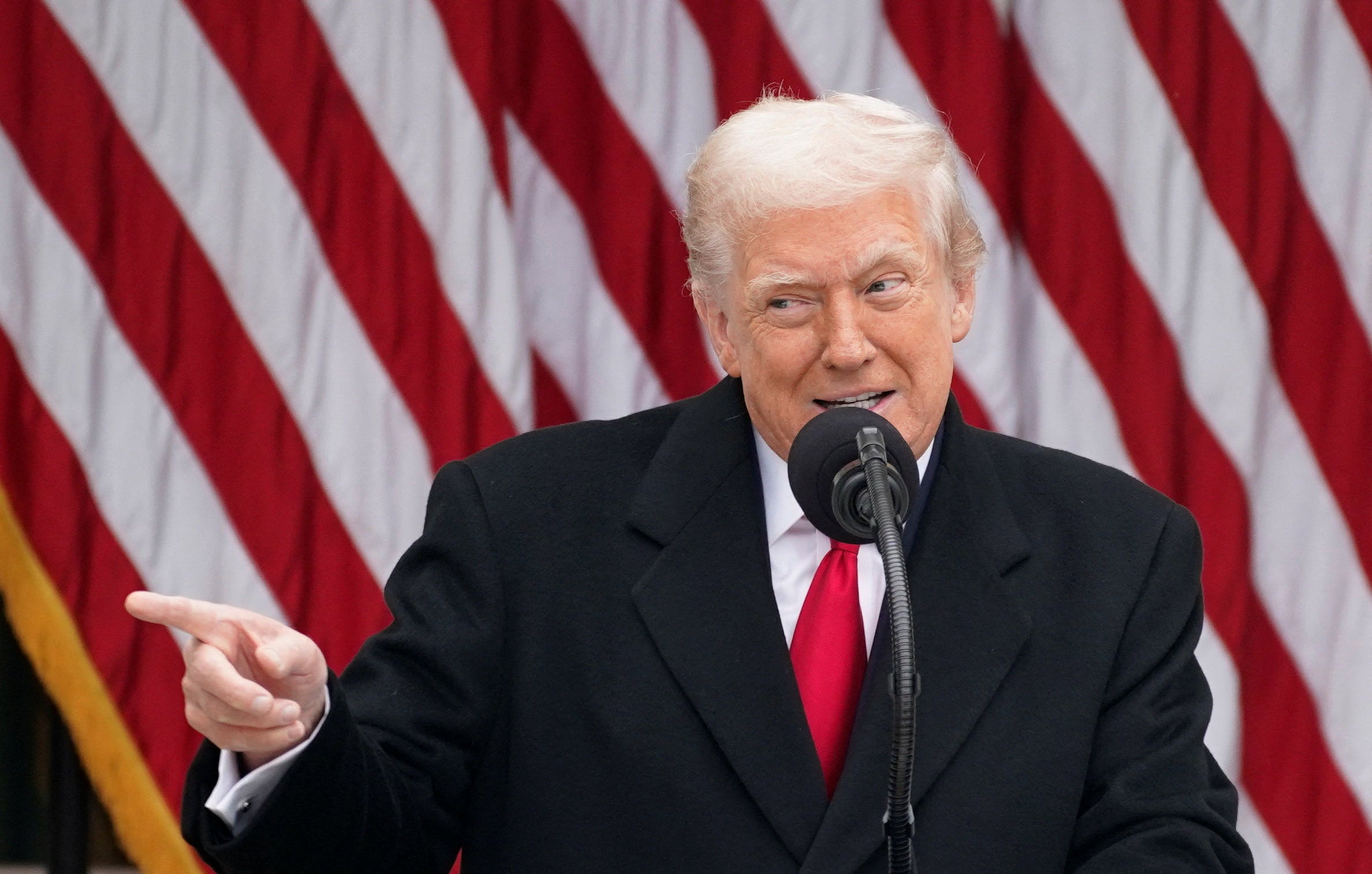 President Donald Trump speaks during a pardoning ceremony for the national Thanksgiving turkeys Waddle and Gobble. During the event, the president took a jab at former president Joe Biden.