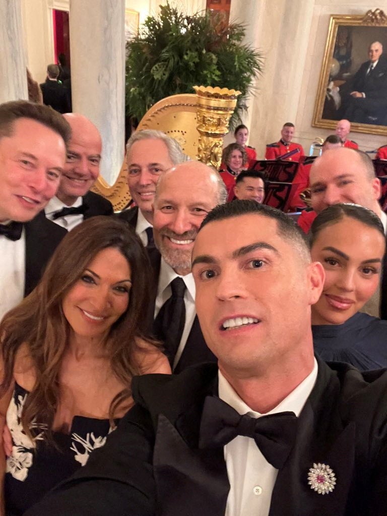 <p>Ronaldo takes a selfie with Fifa president Gianni Infantino and Elon Musk as they attend a dinner hosted by US president Donald Trump for Saudi crown prince Mohammed bin Salman</p>
