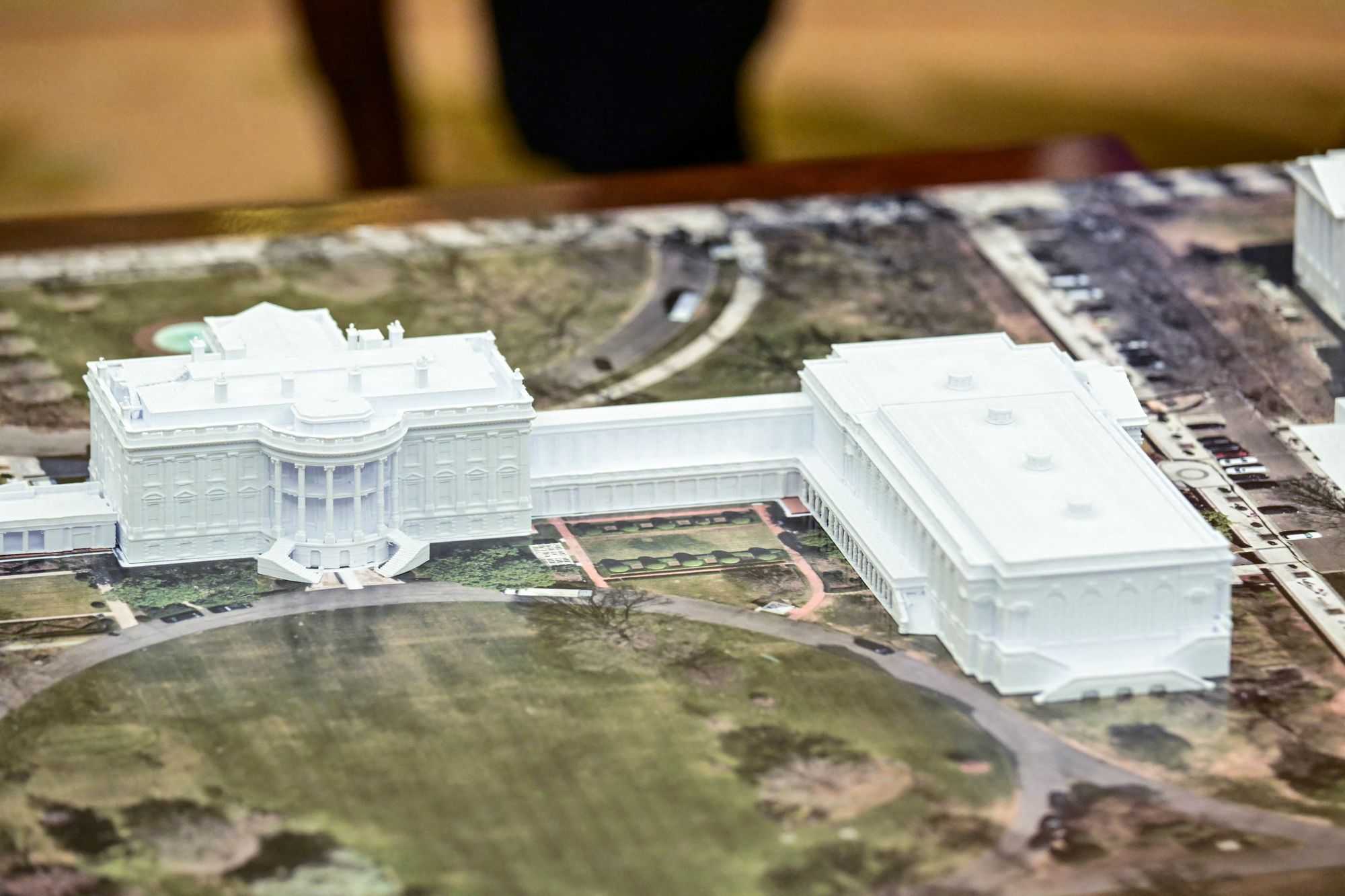 A model of the planned expansion of the White House, with the new ballroom on the right