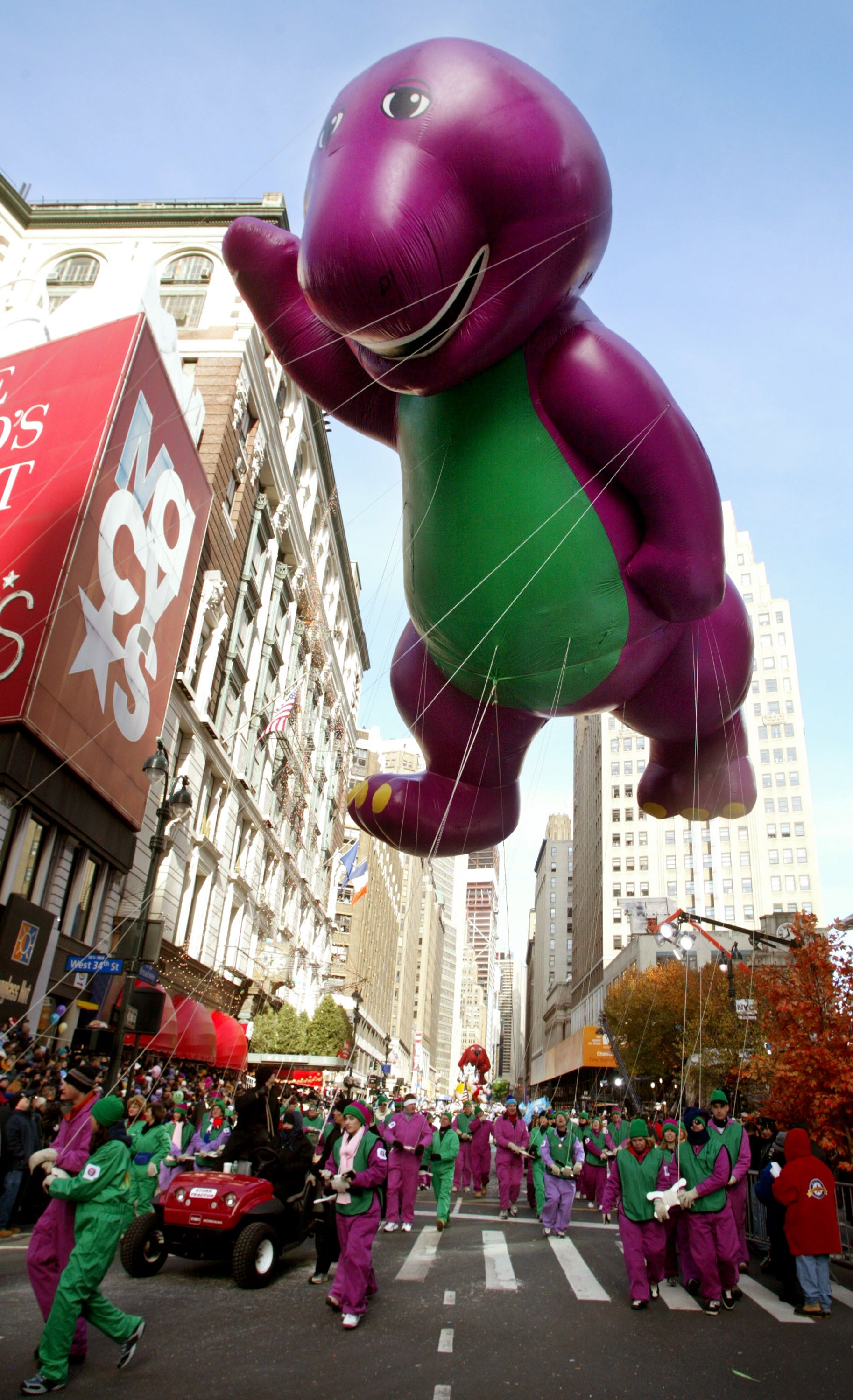 The Barney the Dinosaur balloon, pictured here in 2002, was punctured during a mishap during the 1997 Macy's Thanksgiving Day Parade