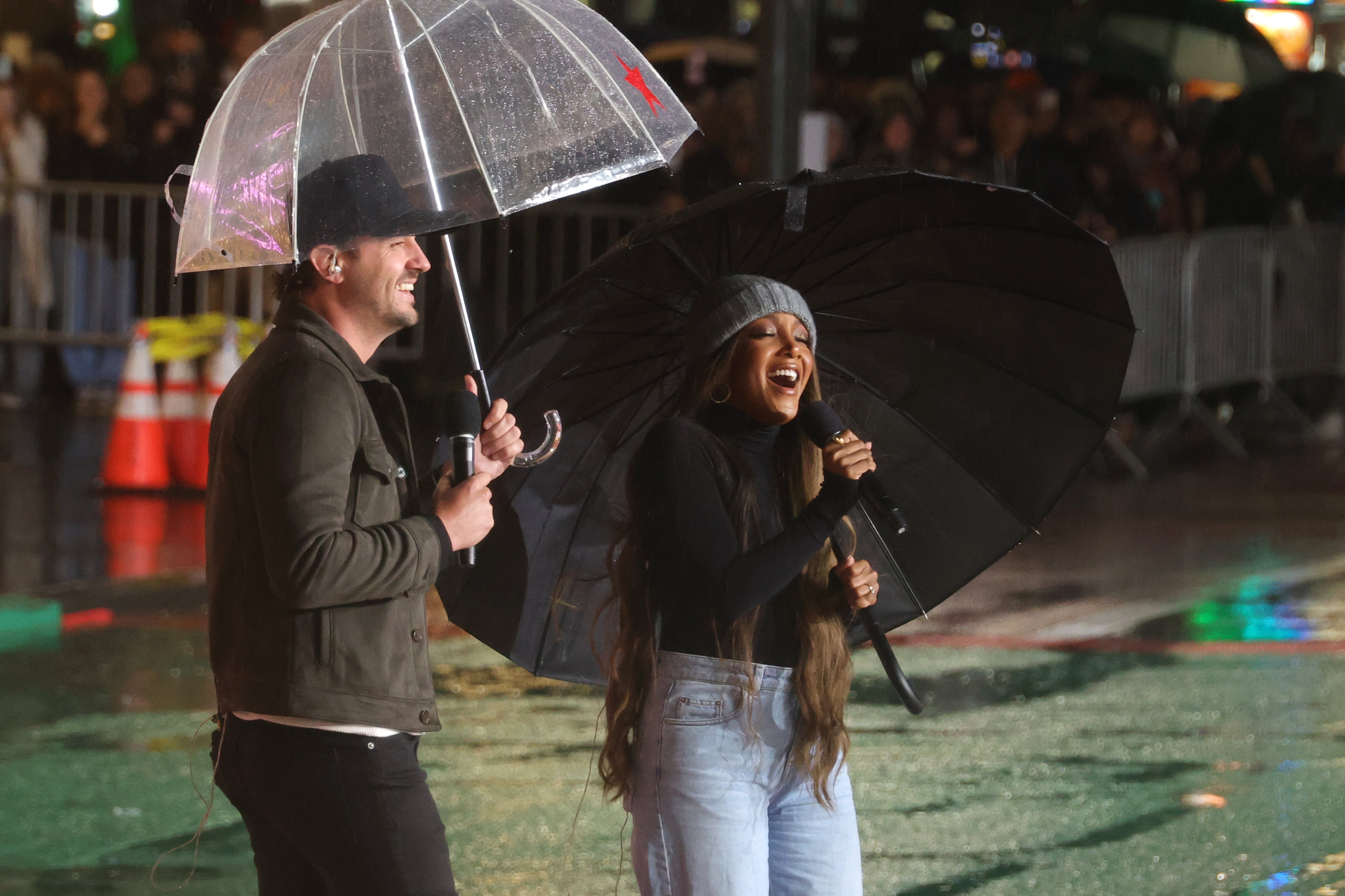 Drew Baldridge and Mickey Guyton perform during the 2025 Macy's Thanksgiving Day Parade rehearsals on Tuesday